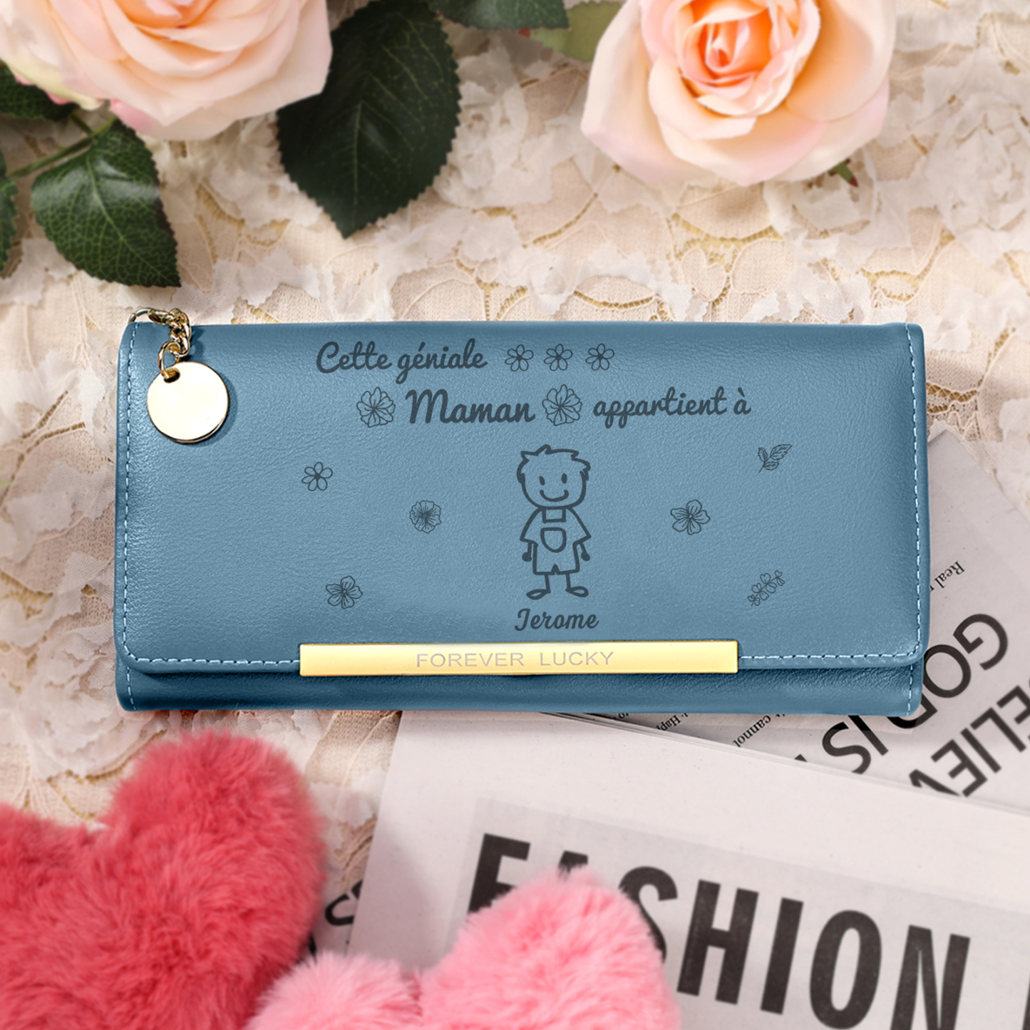 À Maman -Portefeuille Personnalisé long en cuir PU avec 1 Dessin Enfant et 1 Prénom Porte-monnaie pour Maman | Jessemade