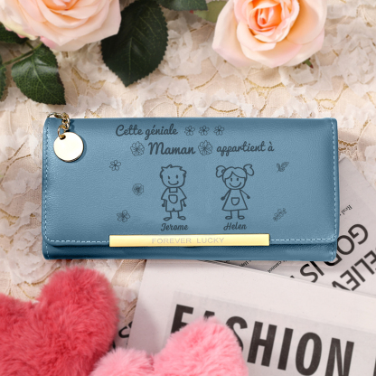 À Maman -Portefeuille Personnalisé long en cuir PU avec 2 Dessins Enfant et 2 Prénoms Porte-monnaie pour Maman | Jessemade