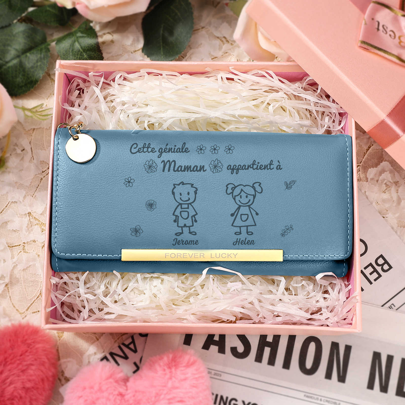 À Maman -Portefeuille Personnalisé long en cuir PU avec 2 Dessins Enfant et 2 Prénoms Porte-monnaie pour Maman | Jessemade