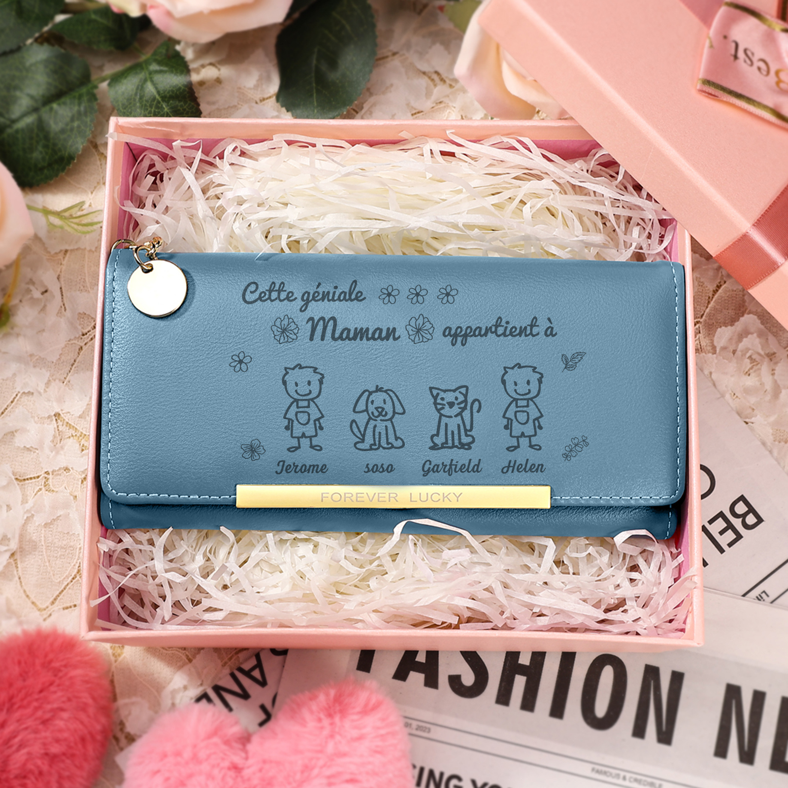 À Maman -Portefeuille Personnalisé long en cuir PU avec 4 Dessins Enfant et 4 Prénoms Porte-monnaie pour Maman | Jessemade