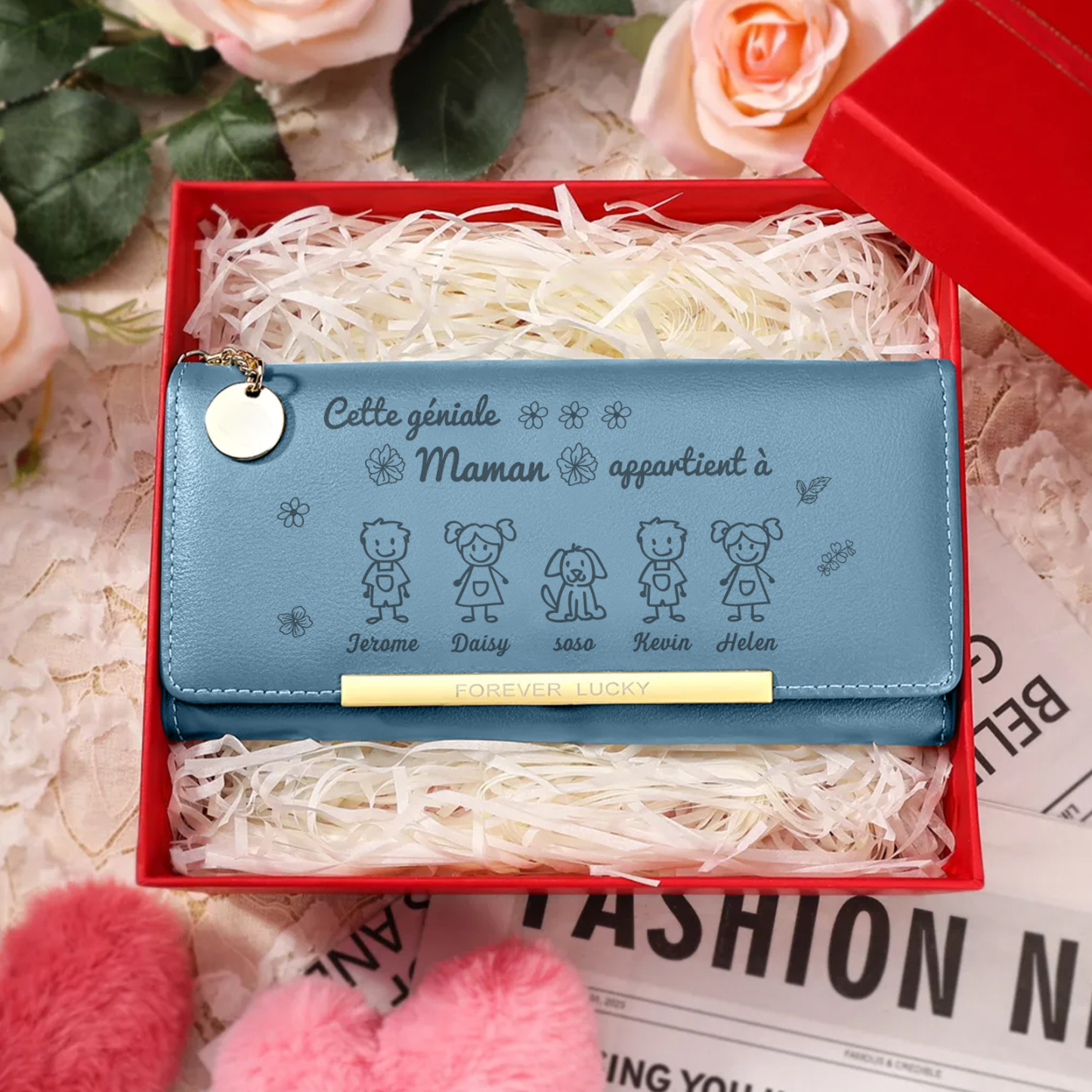 À Maman -Portefeuille Personnalisé long en cuir PU avec 5 Dessins Enfant et 5 Prénoms Porte-monnaie pour Maman | Jessemade