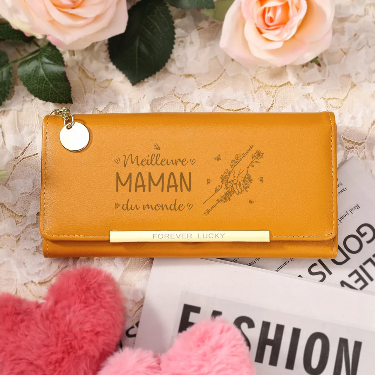 🔥HOT！À Maman -Portefeuille Personnalisé long en cuir PU avec 2 Prénoms La Main Dans La Main Porte-monnaie pour Maman | Jessemade