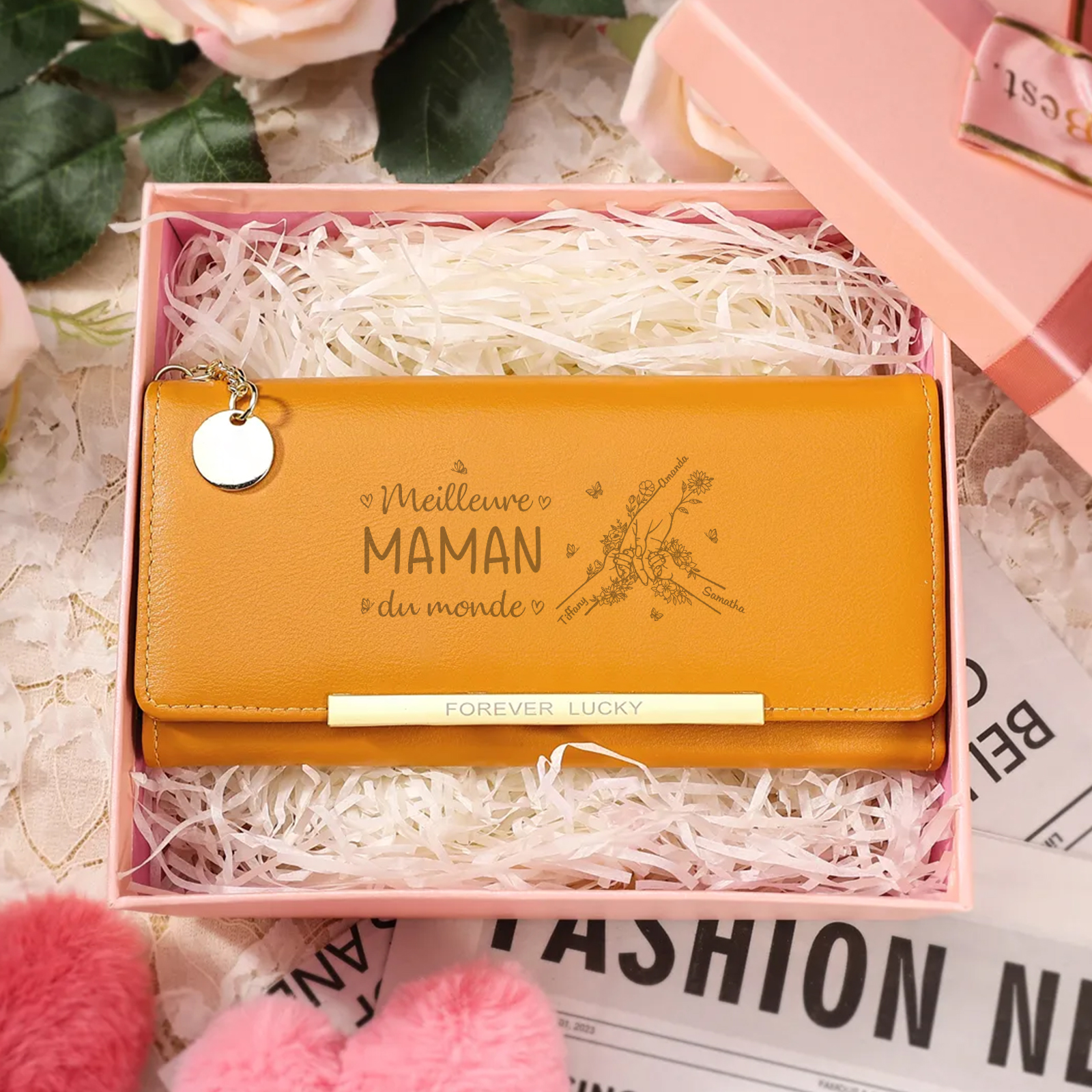 À Maman -Portefeuille Personnalisé long en cuir PU avec 3 Prénoms La Main Dans La Main Porte-monnaie pour Maman | Jessemade