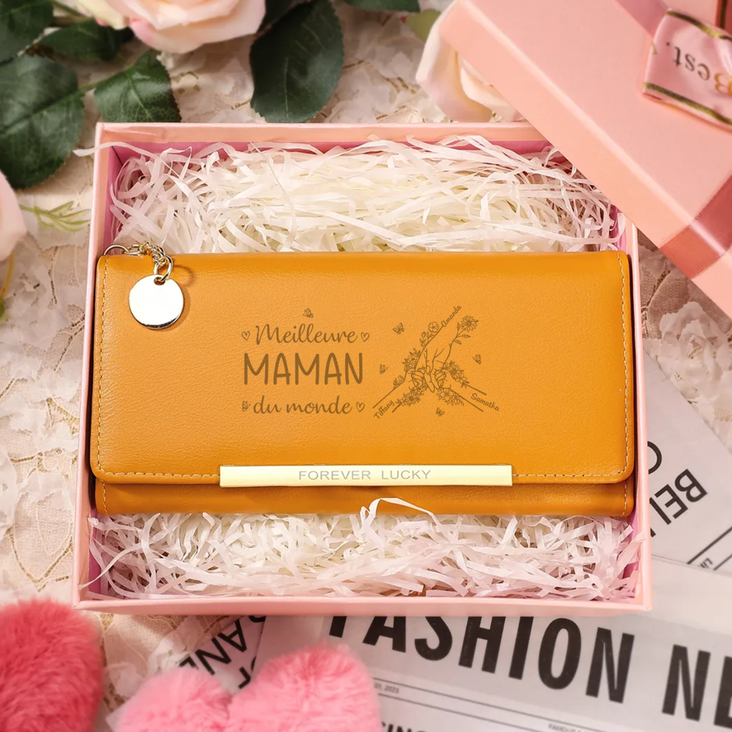 À Maman -Portefeuille Personnalisé long en cuir PU avec 3 Prénoms La Main Dans La Main Porte-monnaie pour Maman | Jessemade