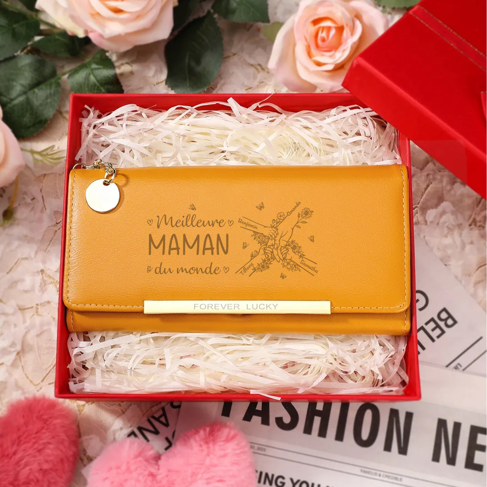 À Maman -Portefeuille Personnalisé long en cuir PU avec 4 Prénoms La Main Dans La Main Porte-monnaie pour Maman | Jessemade