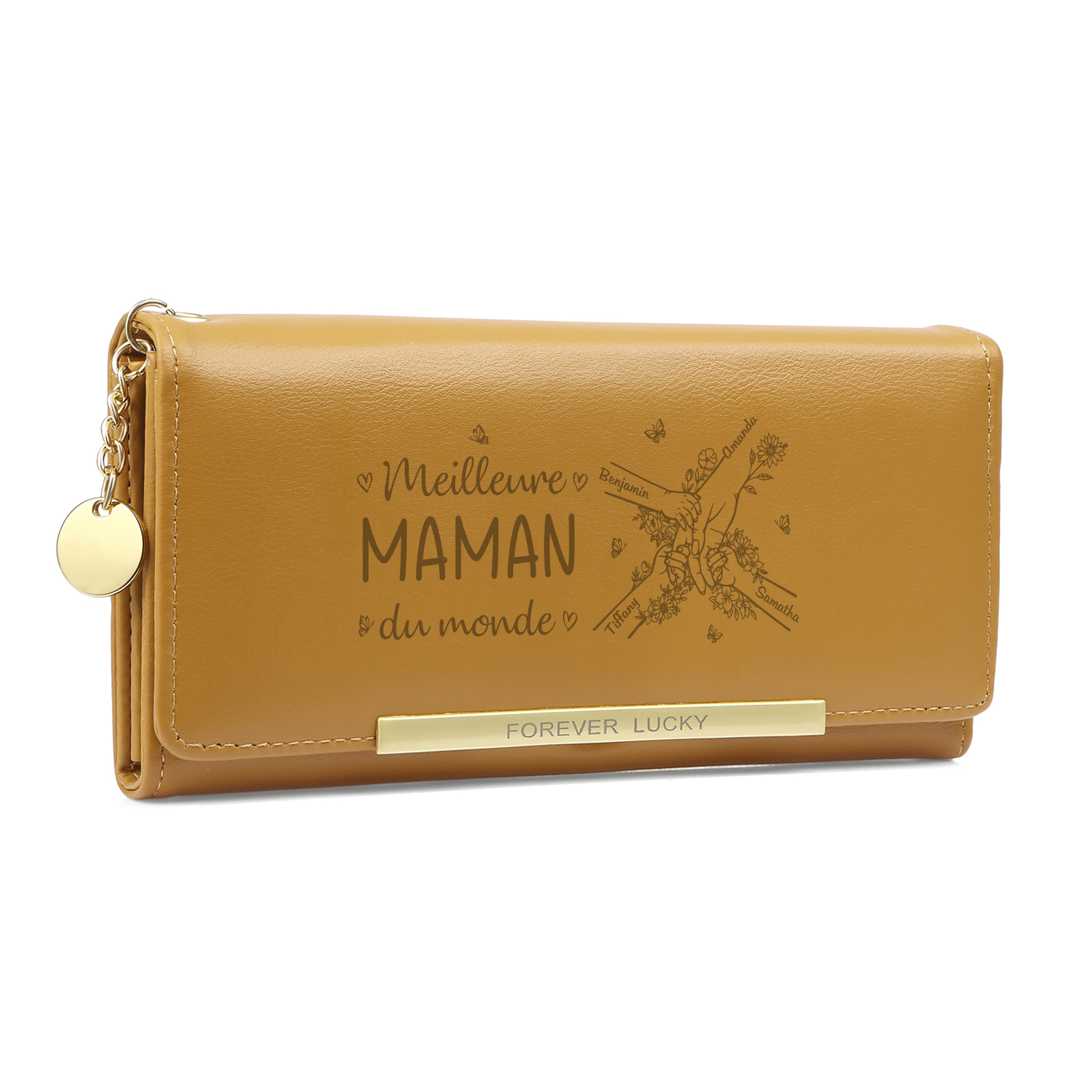 À Maman -Portefeuille Personnalisé long en cuir PU avec 4 Prénoms La Main Dans La Main Porte-monnaie pour Maman | Jessemade