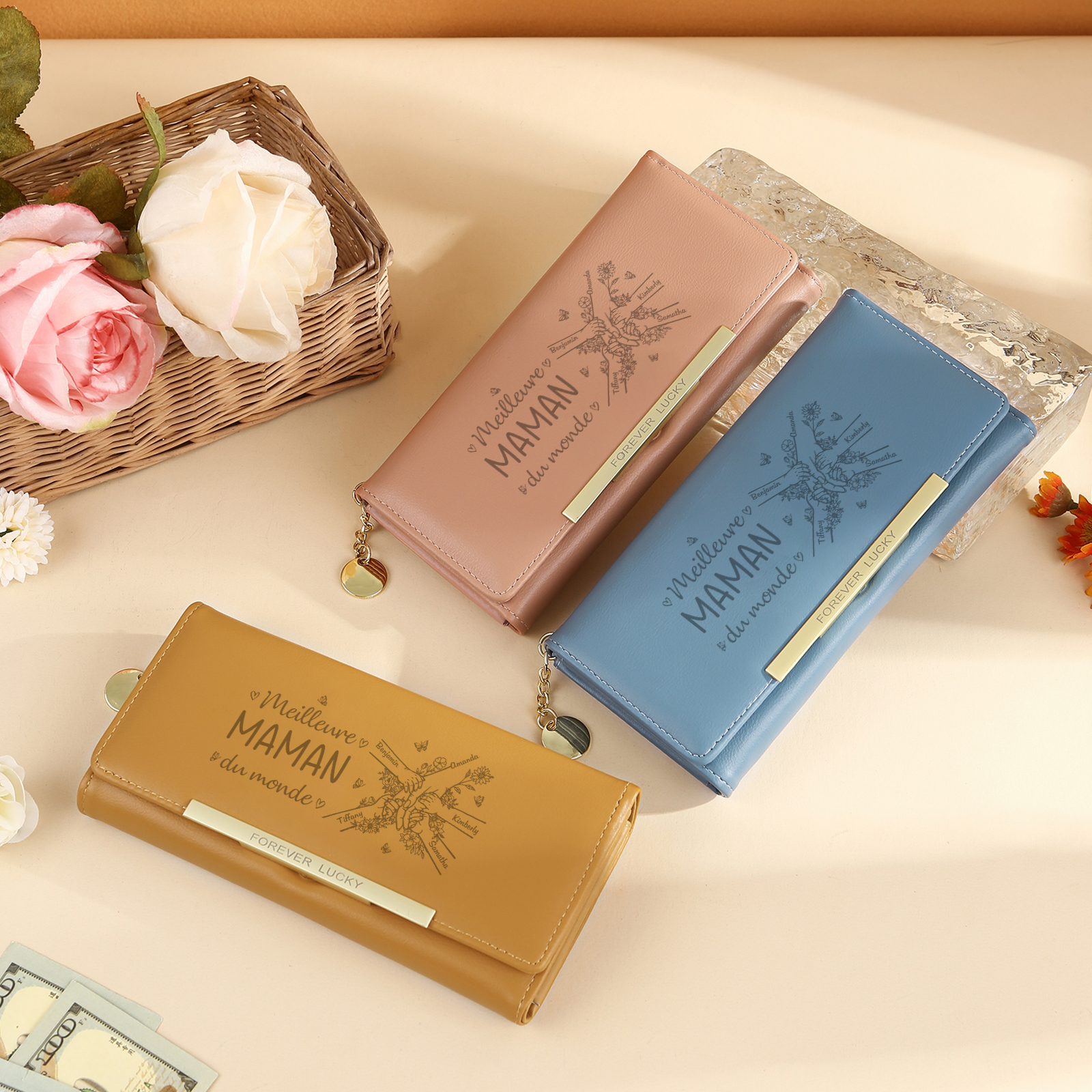 À Maman -Portefeuille Personnalisé long en cuir PU avec 5 Prénoms La Main Dans La Main Porte-monnaie pour Maman | Jessemade