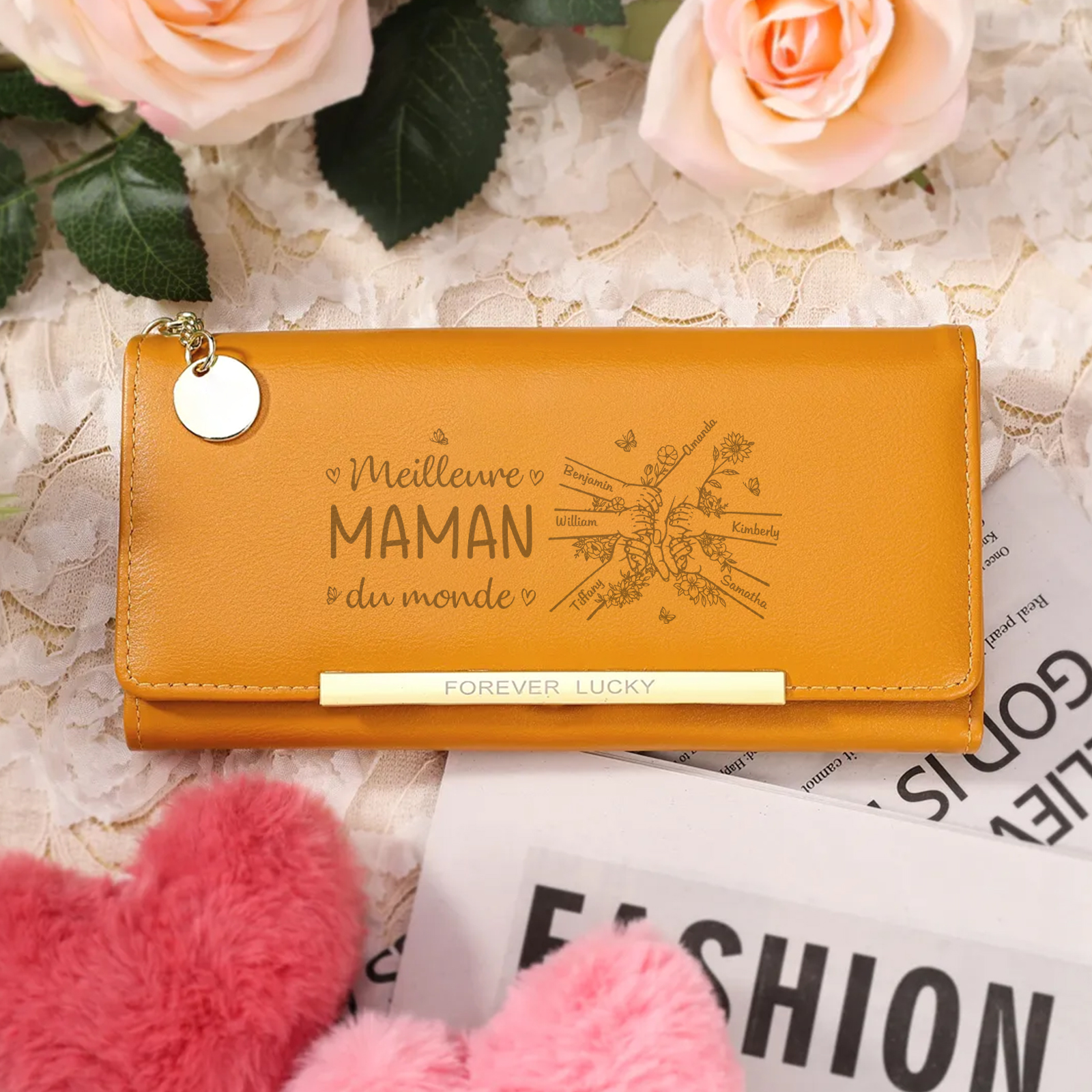 À Maman -Portefeuille Personnalisé long en cuir PU avec 6 Prénoms La Main Dans La Main Porte-monnaie pour Maman | Jessemade