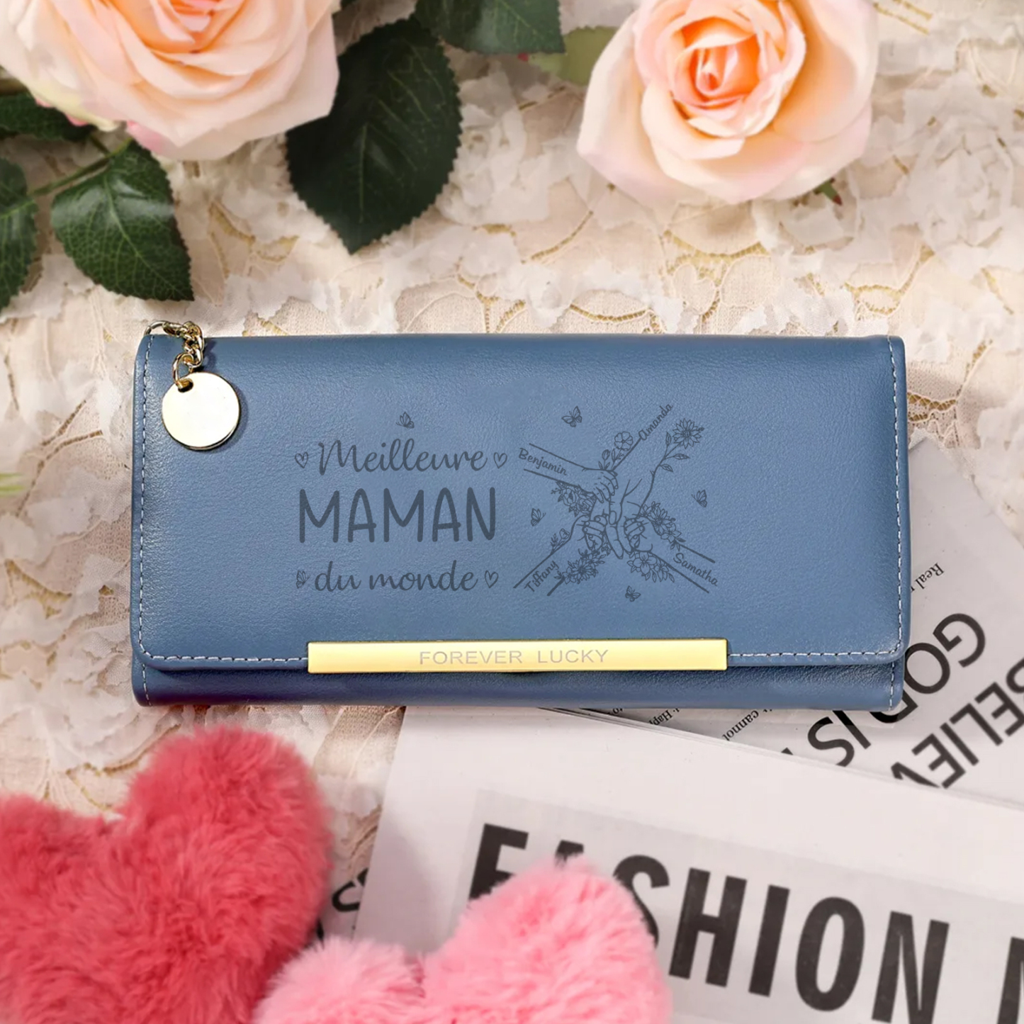 À Maman -Portefeuille Personnalisé long en cuir PU avec 4 Prénoms La Main Dans La Main Porte-monnaie pour Maman | Jessemade