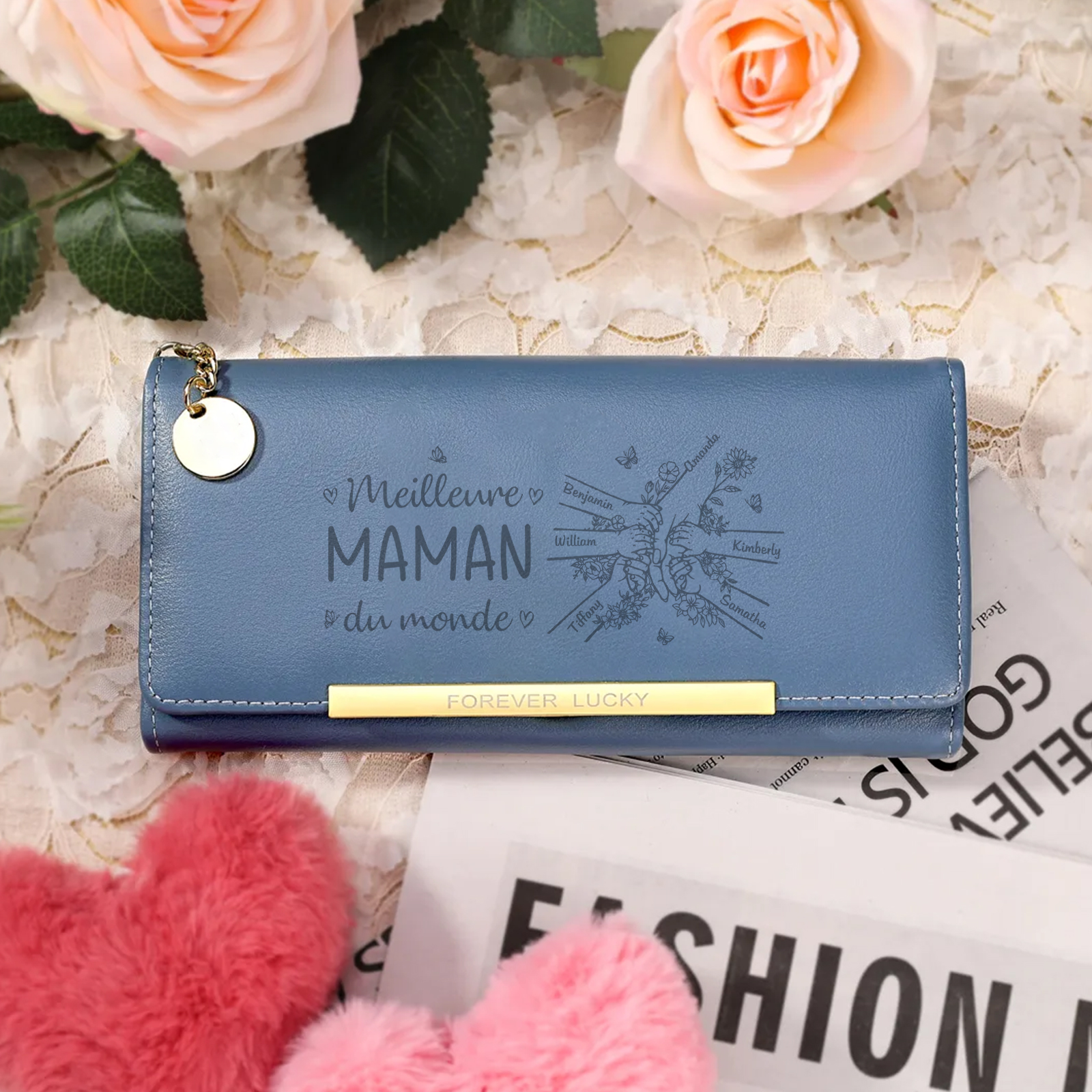 À Maman -Portefeuille Personnalisé long en cuir PU avec 6 Prénoms La Main Dans La Main Porte-monnaie pour Maman | Jessemade