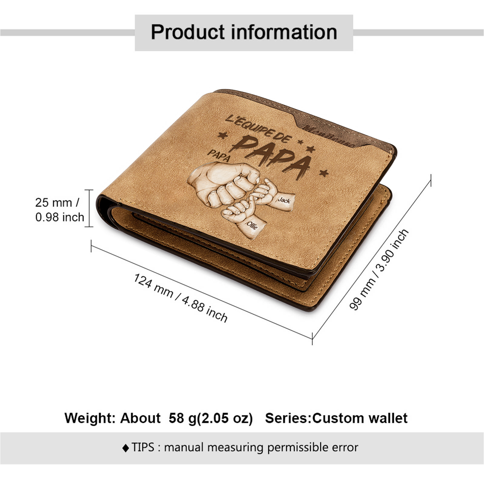 À mon Papa-Portefeuille avec Gravure Poings Personnalisés 3 Prénoms | Jessemade
