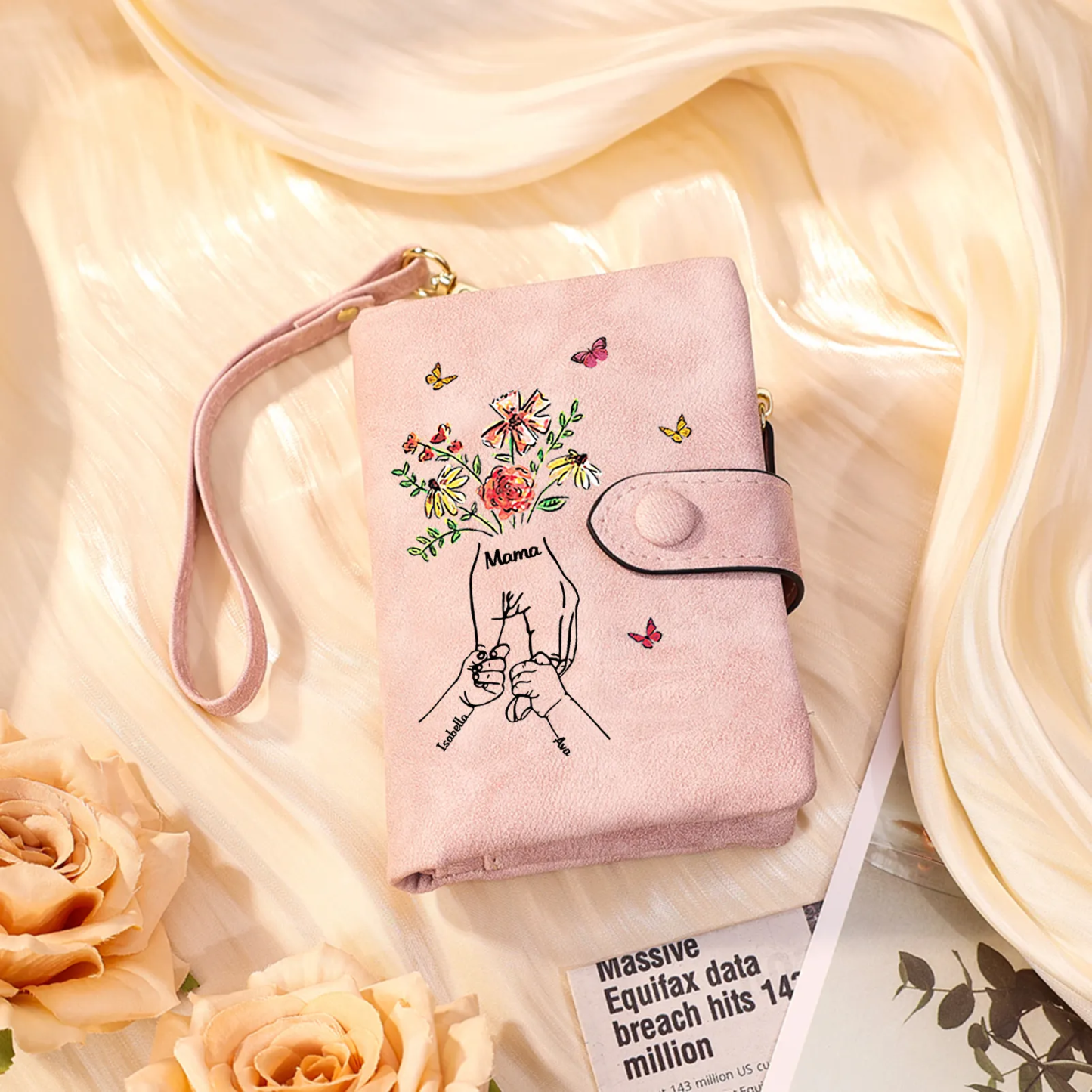 Portefeuille Personnalisé avec des fleurs et un motif main dans la main, ainsi que 3 à 6 prénoms – pour Maman/Mamie
