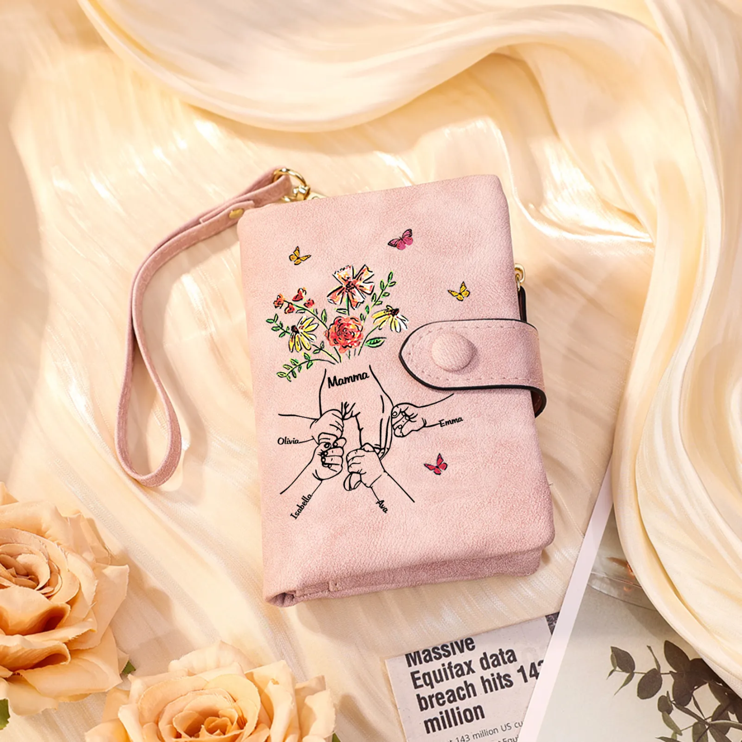 Portefeuille Personnalisé avec des fleurs et un motif main dans la main, ainsi que 3 à 6 prénoms – pour Maman/Mamie