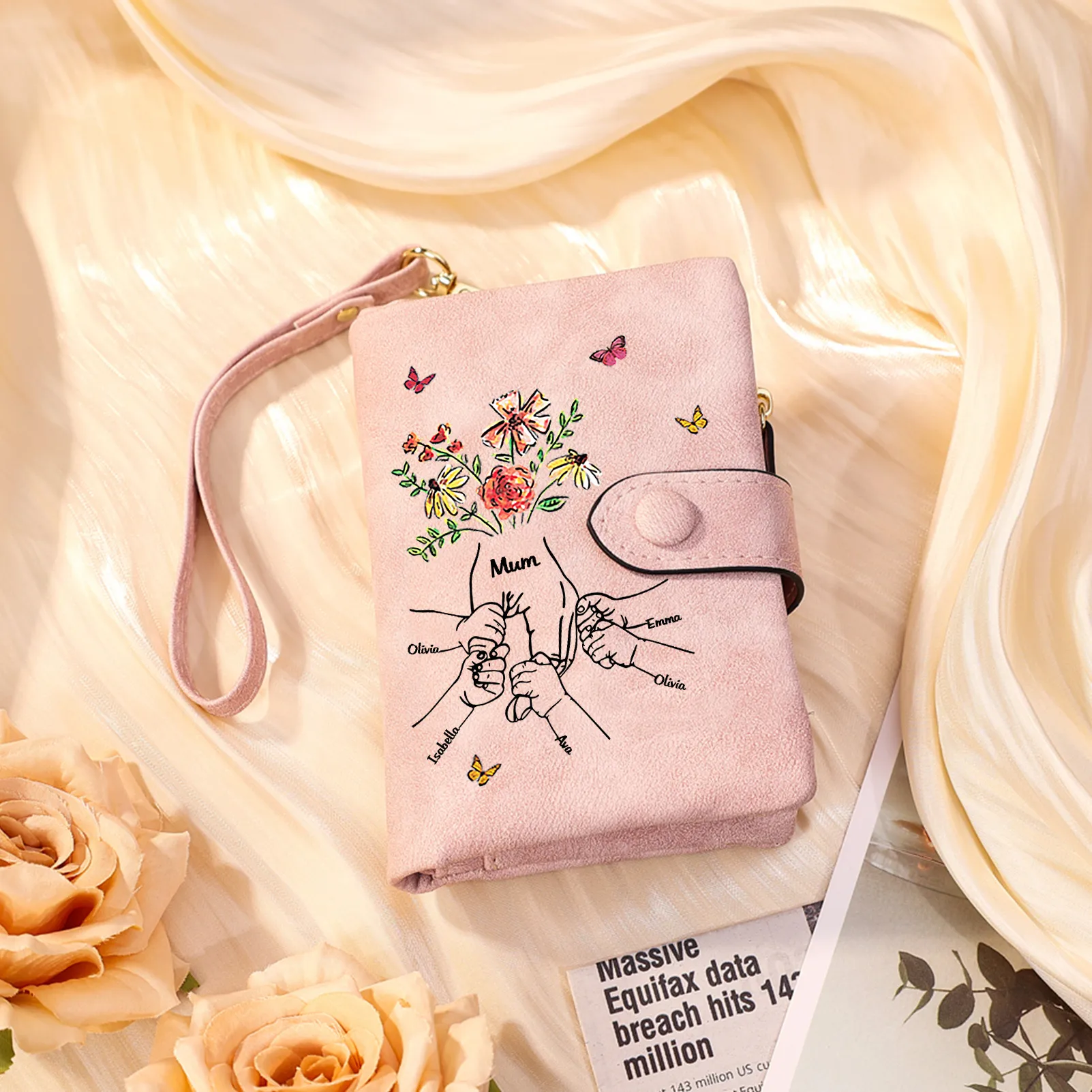 Portefeuille Personnalisé avec des fleurs et un motif main dans la main, ainsi que 3 à 6 prénoms – pour Maman/Mamie