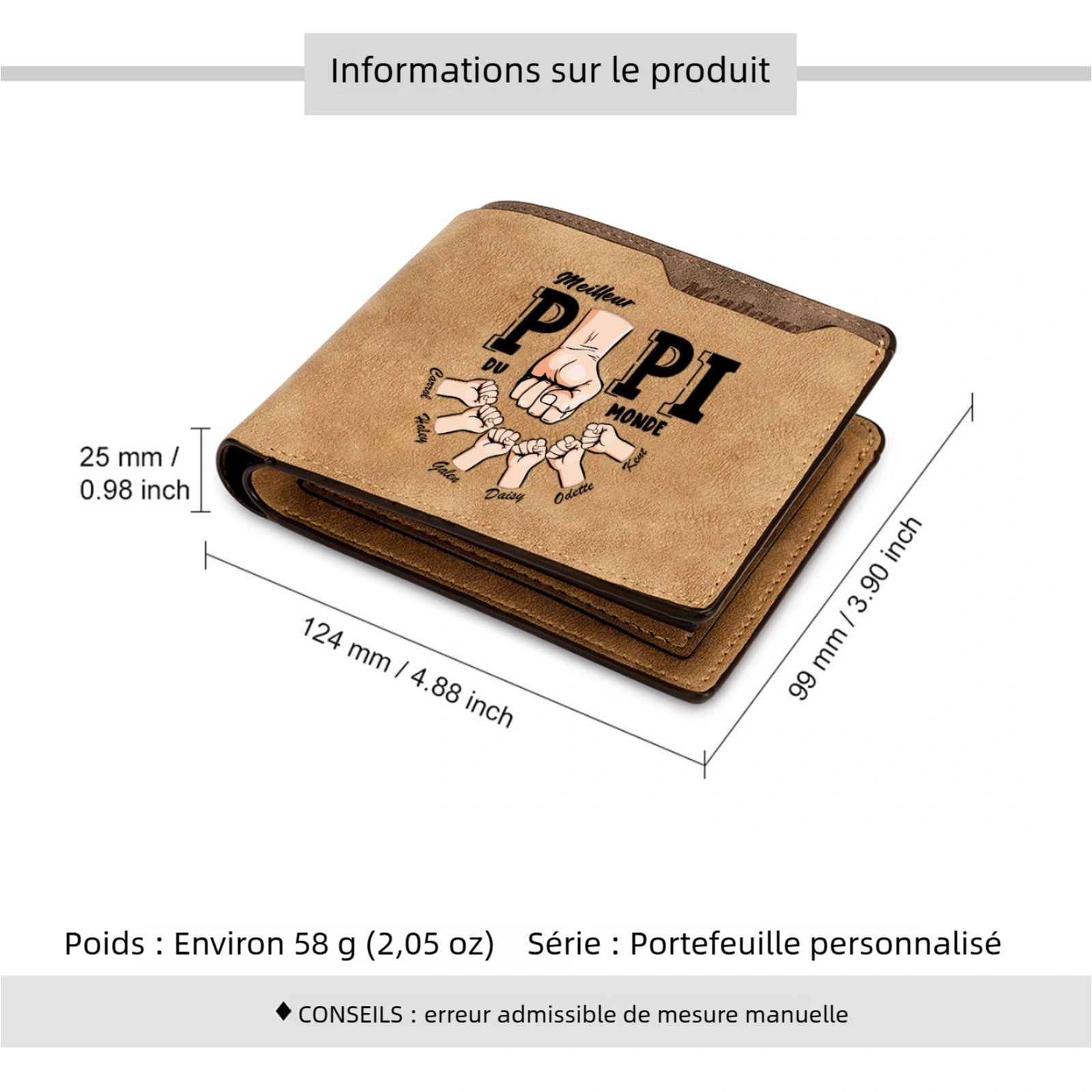 À mon Papi - Portefeuille Personnalisé avec 1-6 Prénoms et 1 Texte Cadeau Fête des Grands-Pères pour  Meilleur Papi du Monde | Jessemade