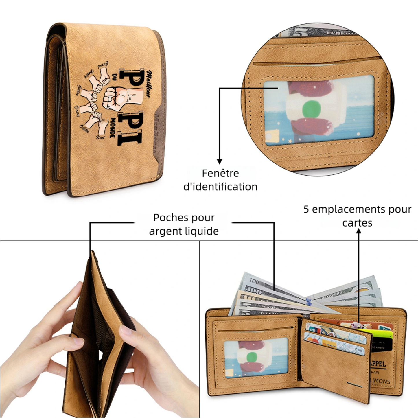 À mon Papi - Portefeuille Personnalisé avec 1-6 Prénoms et 1 Texte Cadeau Fête des Grands-Pères pour  Meilleur Papi du Monde | Jessemade