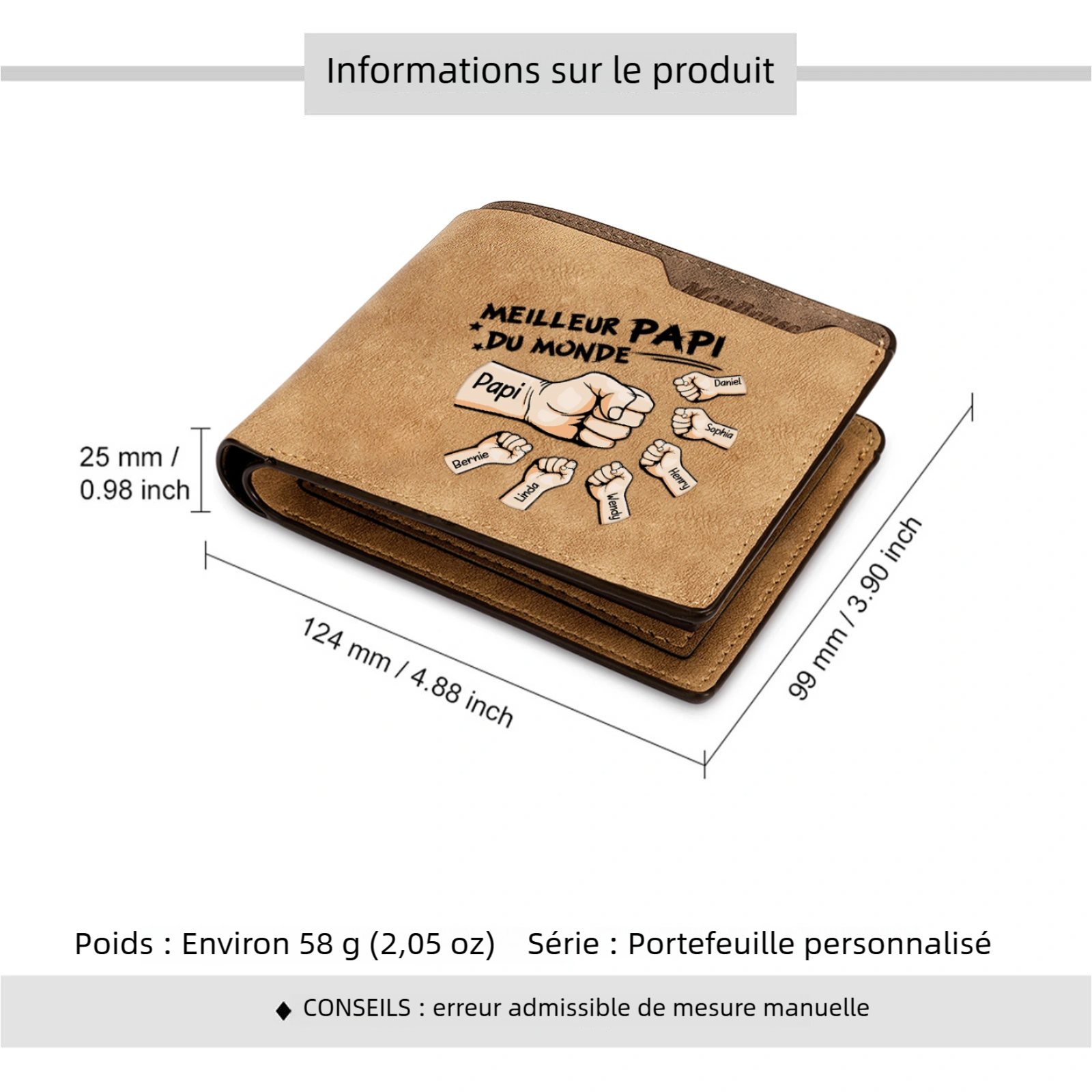 À mon Meilleur Papi - Portefeuille Homme Personnalisé 2 à 7 Prénoms et Poings | Cadeau Fête des Grands-pères | Jessemade