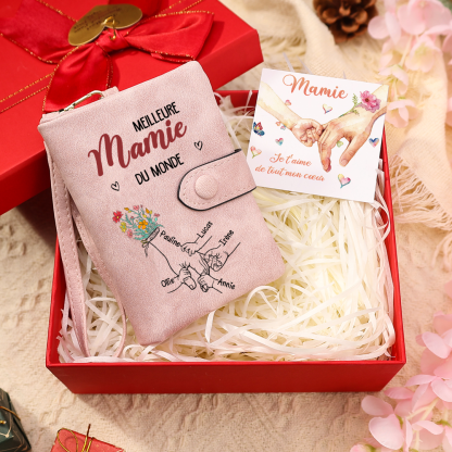 Portefeuille Personnalisé avec 1-6 Prénoms et Mains des Enfants, Cadeau Fête des Grands-Mères