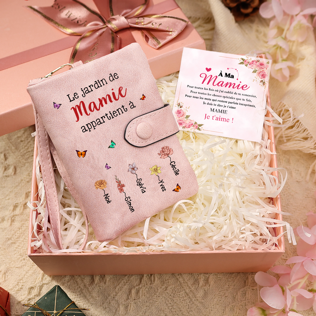 Portefeuille Personnalisé « Le Jardin de Maman/Mamie » avec Fleurs & Prénoms des Enfants - cadeau Fête des Mères/Grand-mères