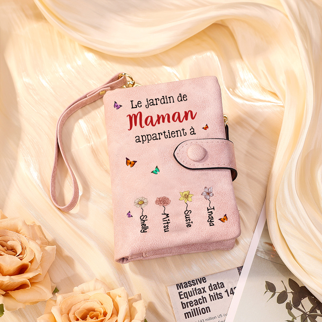 Portefeuille Personnalisé « Le Jardin de Maman/Mamie » avec Fleurs & Prénoms des Enfants - cadeau Fête des Mères/Grand-mères
