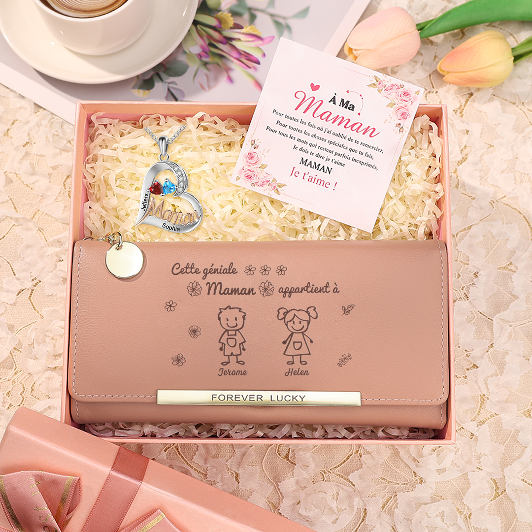3PCS Coffret Cadeau - Portefeuille, Collier Coeur et Carte Personnalisés avec 2 Prénoms et Dessins Enfant et Pierres de Naissance | Jessemade