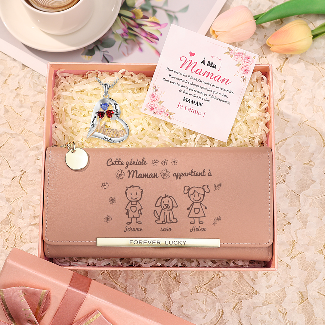3PCS Coffret Cadeau - Portefeuille, Collier Coeur et Carte Personnalisés avec 3 Prénoms et Dessins Enfant et Pierres de Naissance | Jessemade