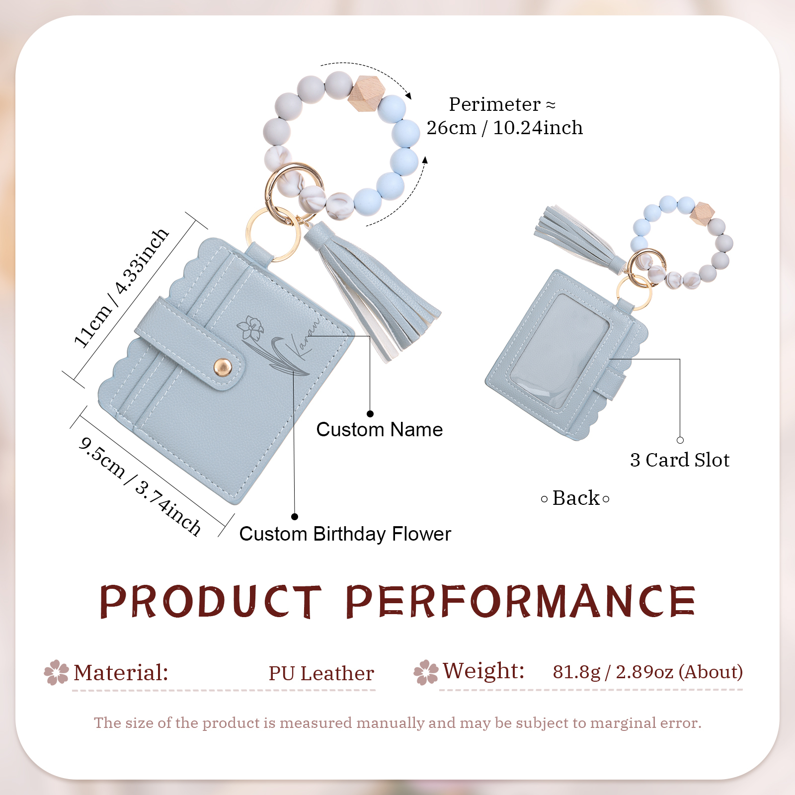 Porte-cartes Personnalisé à Fleur de Naissance avec Bracelet perlé détachable