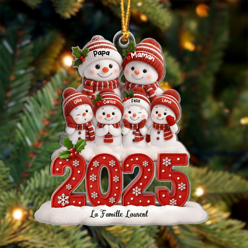 Décoration Sapin Noël personnalisé Famille de Bonshommes de Neige 2025