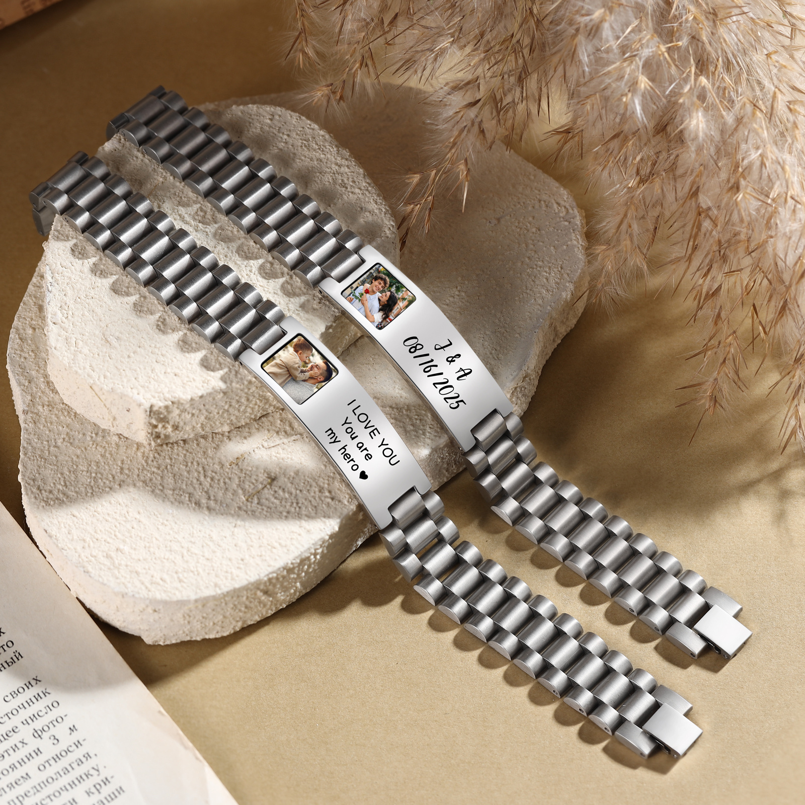 Bracelet d’identification personnalisé pour homme avec photo en acier inoxydable