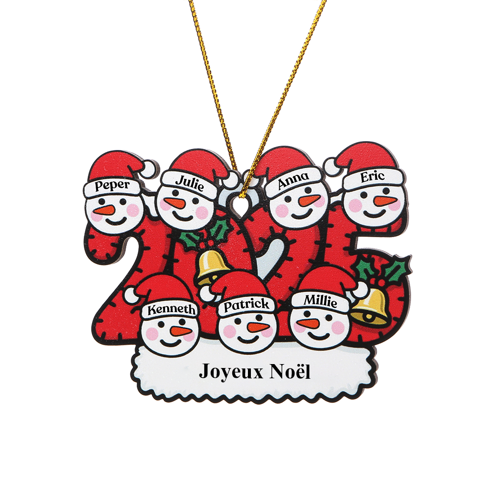 2025 Décoration Sapin Noël en Bois Personnalisée – Famille de Bonhommes de Neige avec 1 à 8 Prénoms