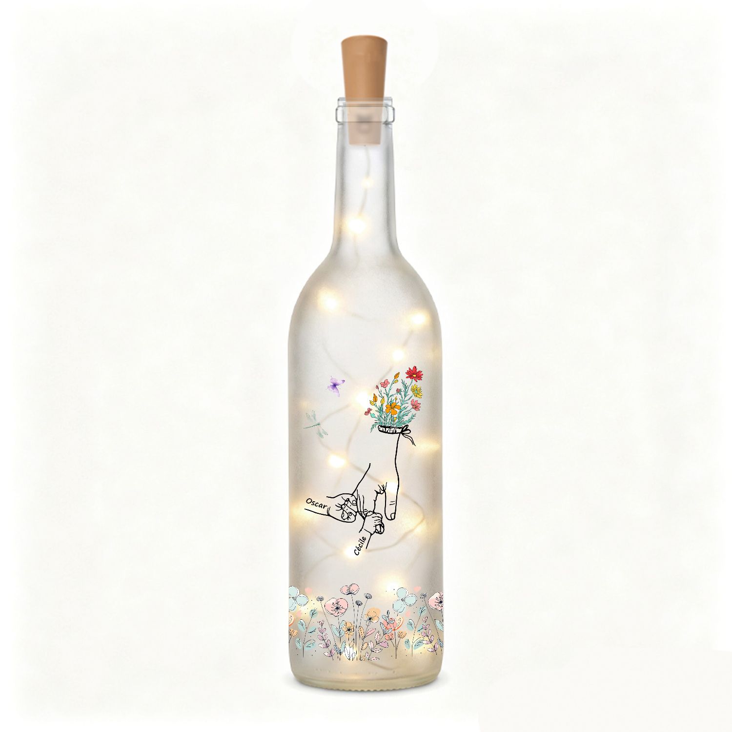 Bouteille Lumineuse LED personnalisée avec 2 à 12 Prénoms et Mains, Cadeau pour Maman