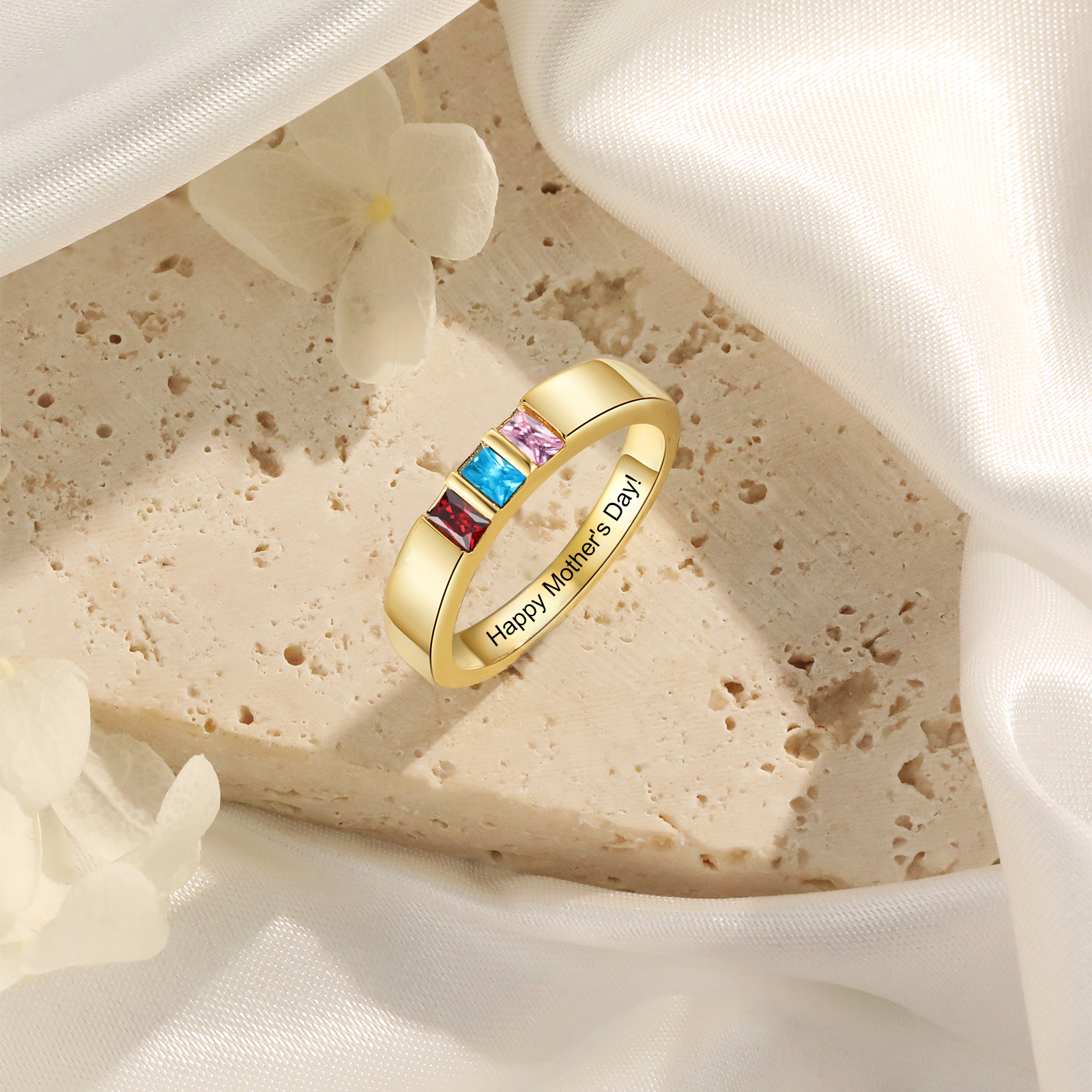 Bague Personnalisée avec Pierres de Naissance – Gravure Intérieure Texte, Bague Élégante en couleur Or pour Femme et Famille
