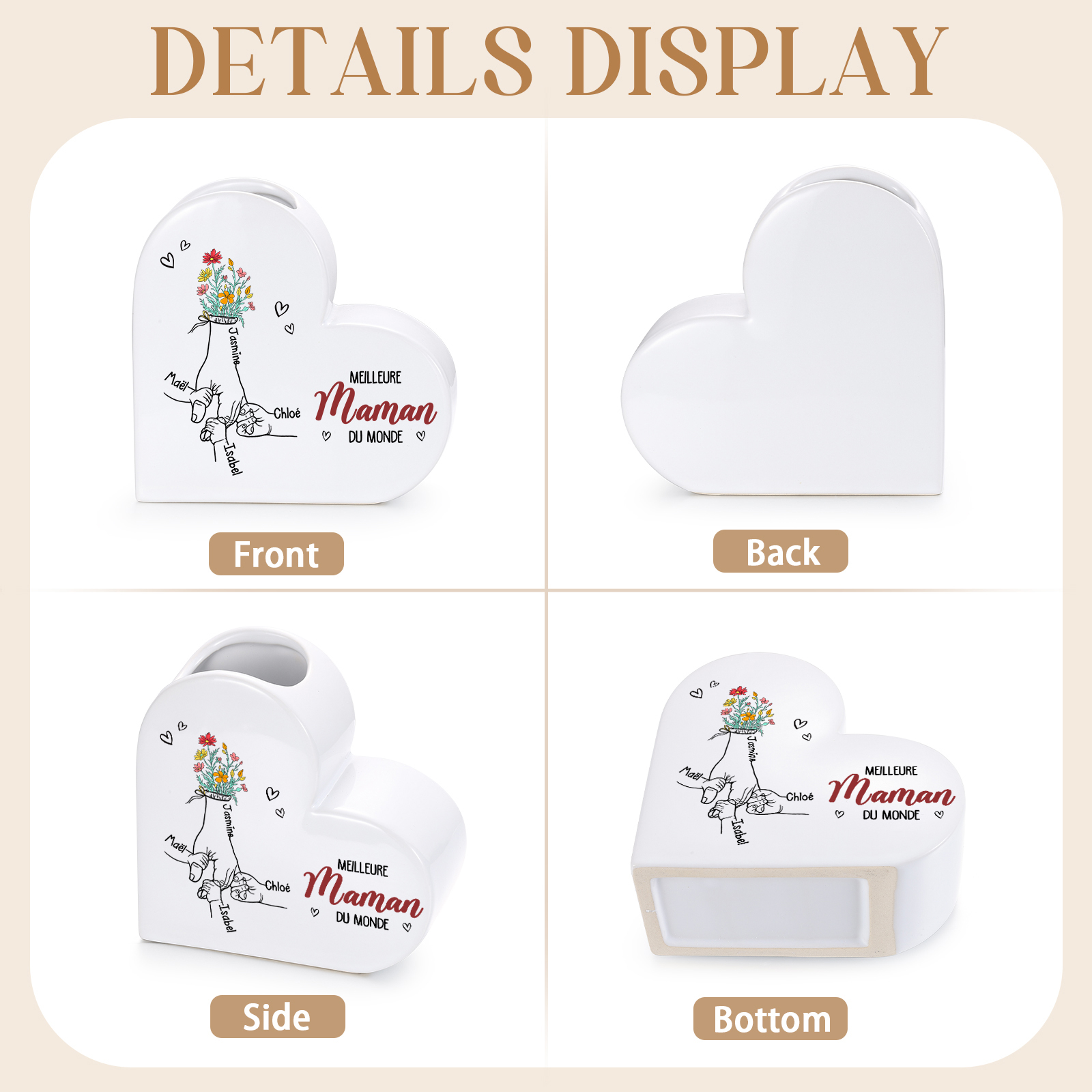 Vase Cœur en Céramique Personnalisé avec 2 à 6 Prénoms « Meilleure maman/mamie du monde »