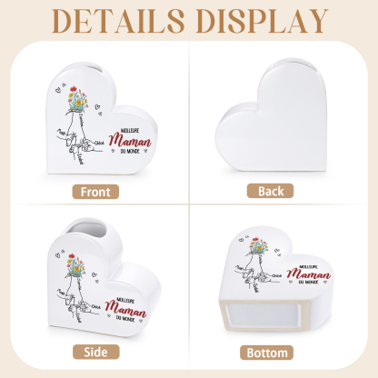 Vase Cœur en Céramique Personnalisé avec 2 à 6 Prénoms « Meilleure maman/mamie du monde »