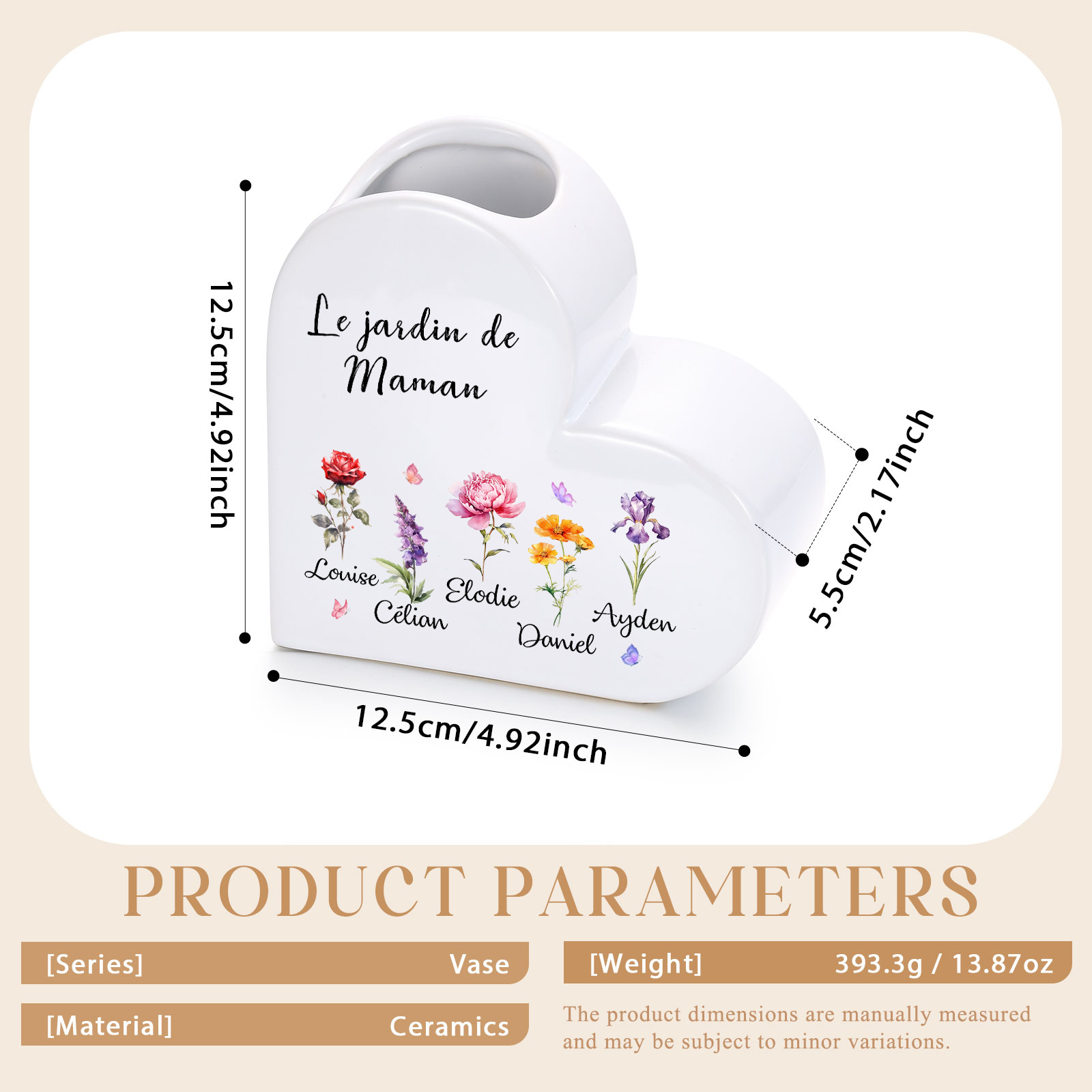 Vase Cœur en Céramique Personnalisé avec 1 à 12 Fleurs de naissance et Prénoms des Enfants