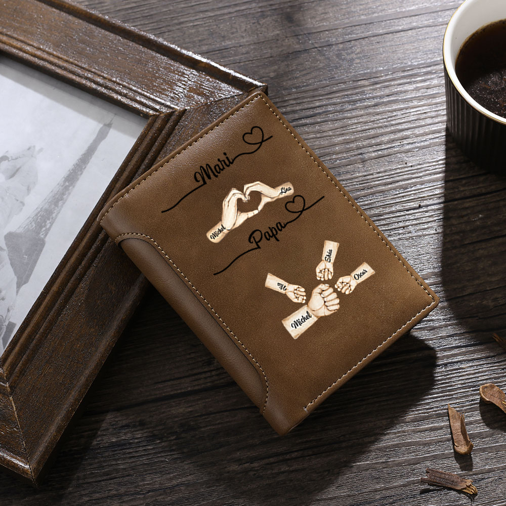 Portefeuille Personnalisé avec 2-10 Prénoms et Poings Portefeuille en Cuir PU Cadeau Fête des Pères pour Papa ou Mari | Jessemade
