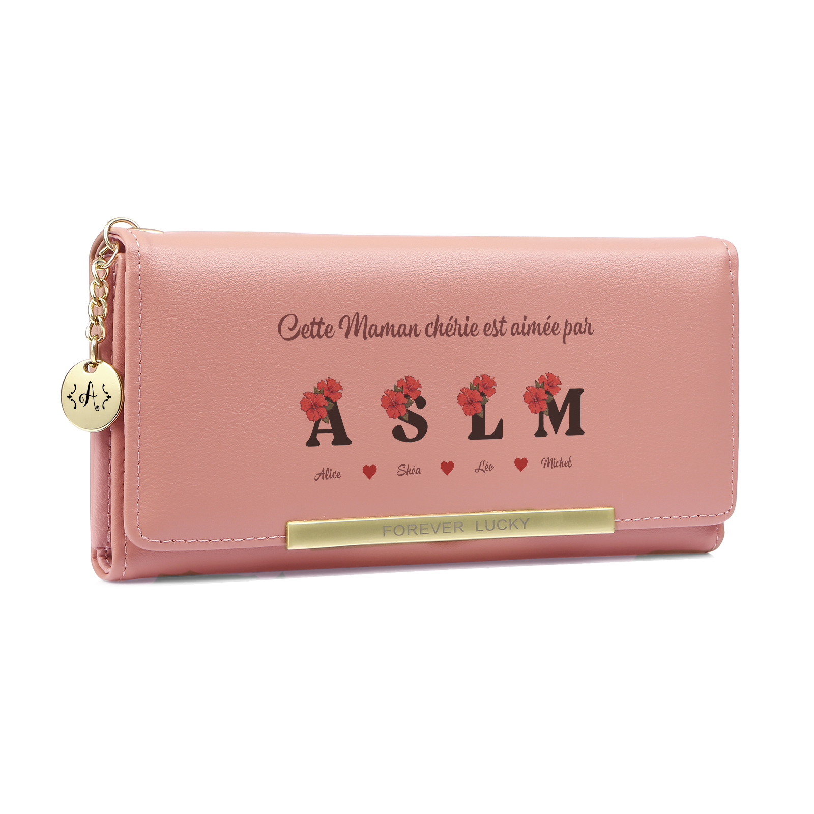 Portefeuille Personnalisé avec motif floral et 1 à 10 Prénoms et Lettres pour Maman ou Mamie