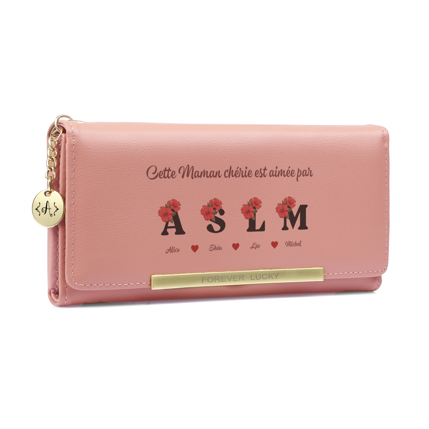 Portefeuille Personnalisé avec motif floral et 1 à 10 Prénoms et Lettres pour Maman ou Mamie