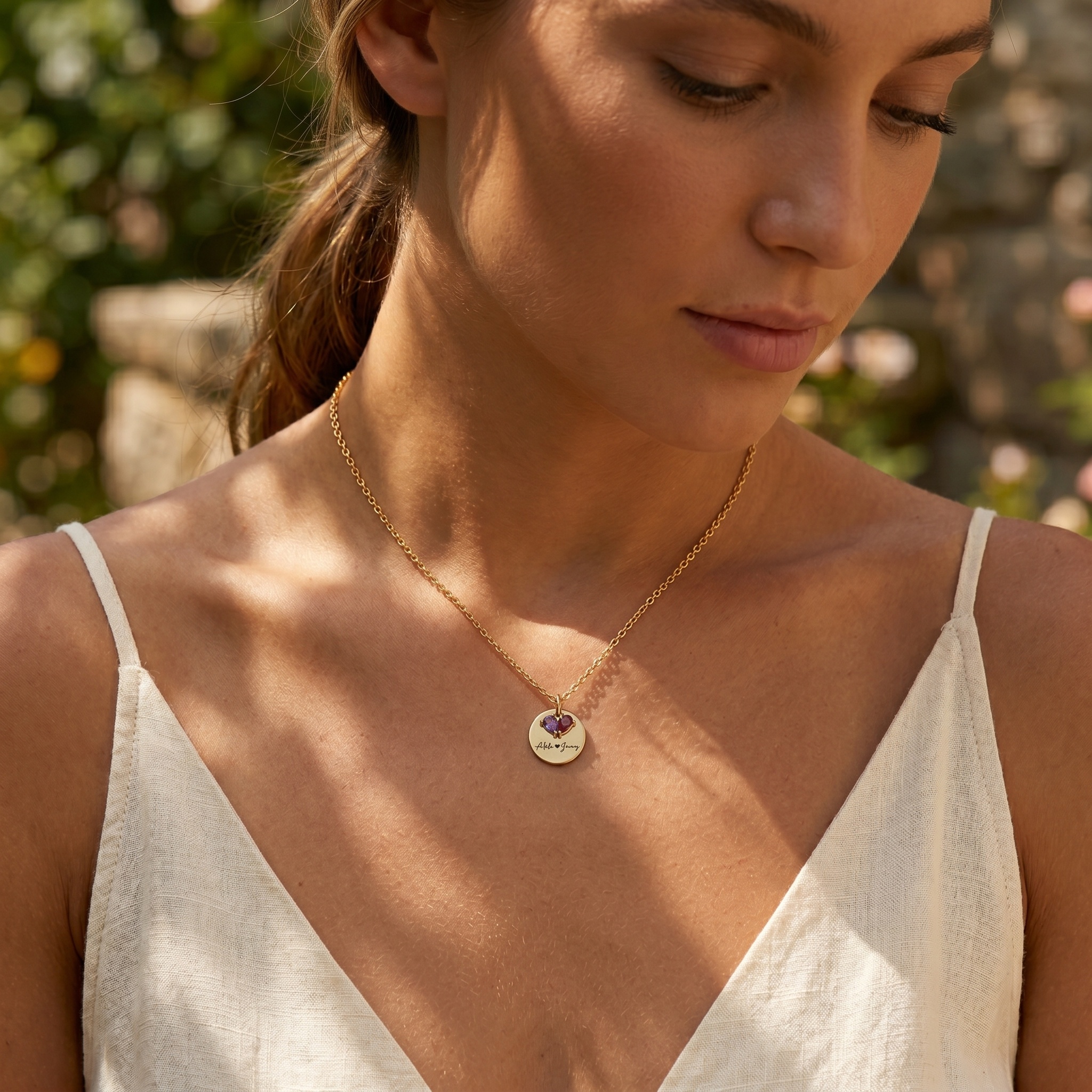 Collier Pendentif Personnalisé avec 2 Prénoms et Pierres de Naissance pour Elle