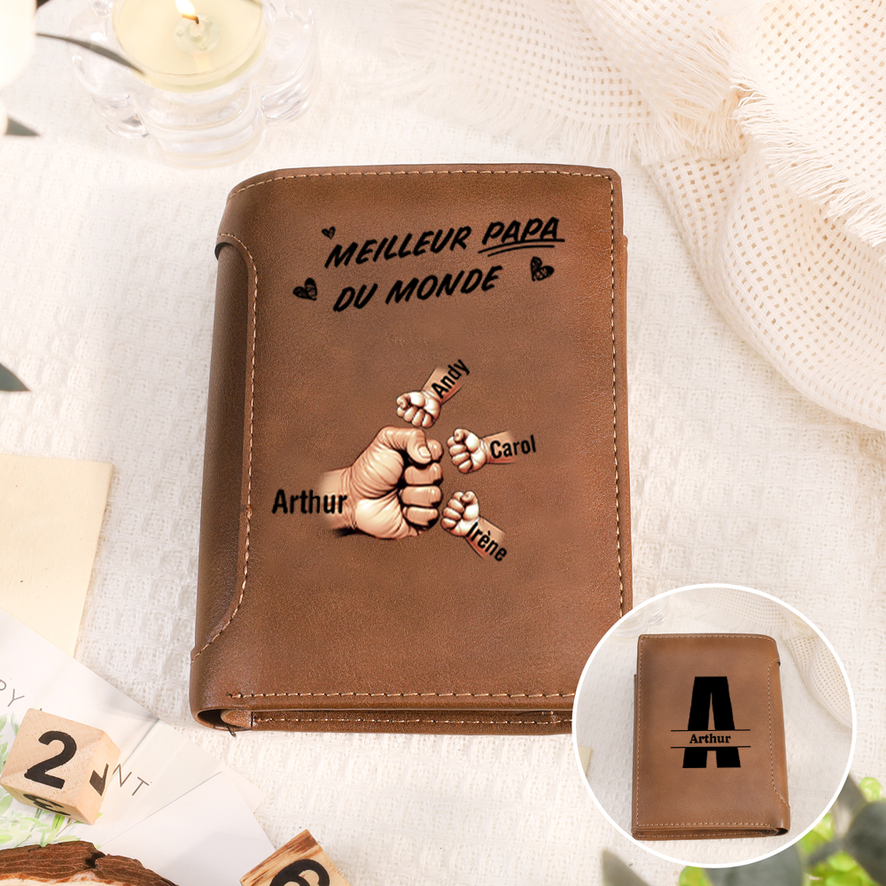 Portefeuille Personnalisé Homme - Prénoms et Poings pour Papa/Papi