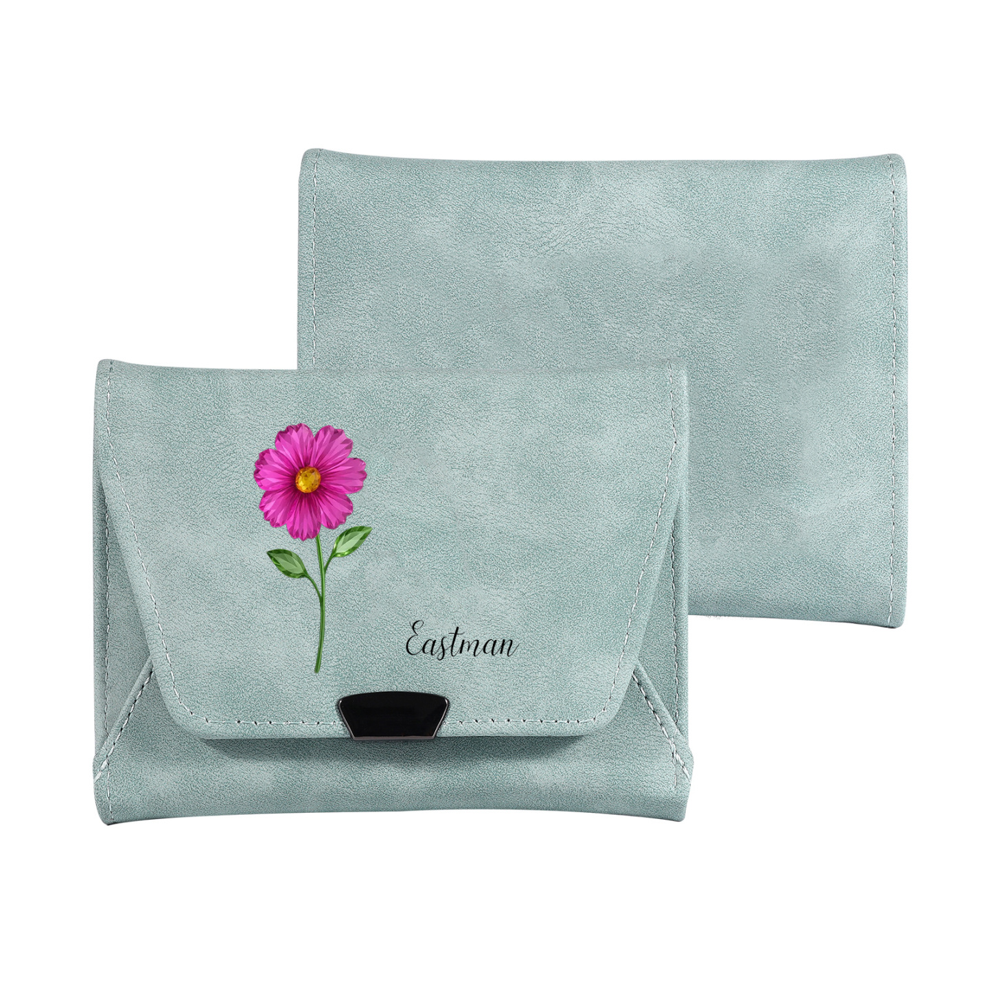 Portefeuille pour femme personnalisé en cuir avec fleur de naissance et prénom