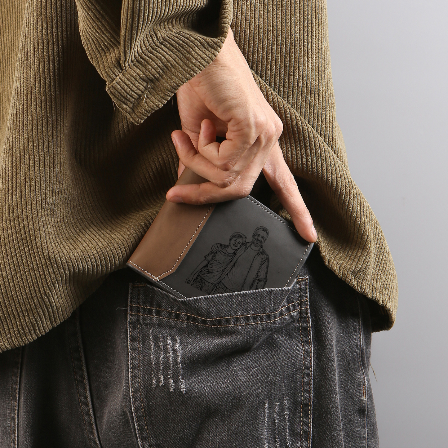 Portefeuille Personnalisé avec Photo & Initiale, Cuir PU Bicolore, Gravure sur Mesure, Idée Cadeau Homme