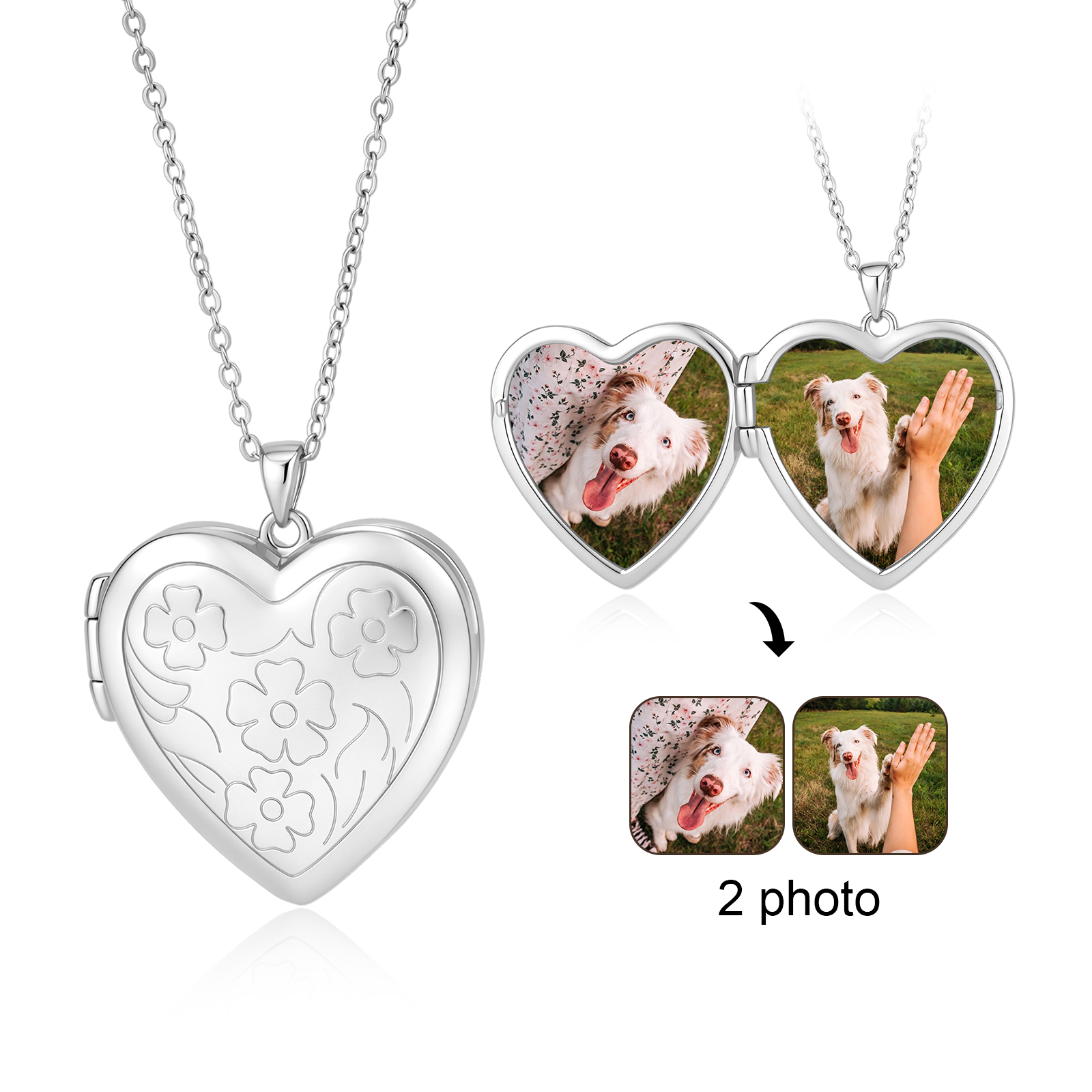Collier Médaillon Cœur Floral NFC Personnalisé avec 2 Photos – Bijou pour Femme
