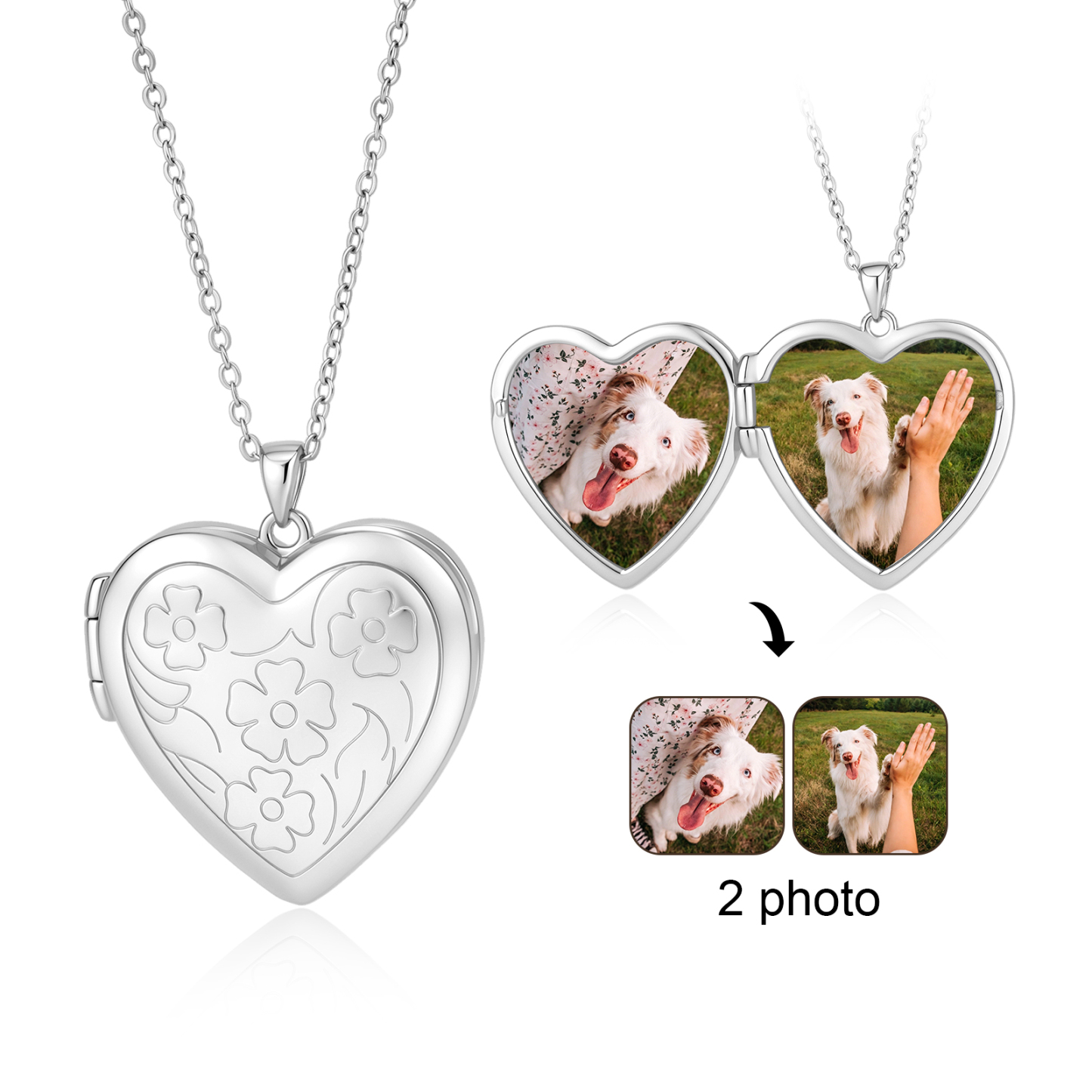 Collier Médaillon Cœur Floral NFC Personnalisé avec 2 Photos – Bijou pour Femme