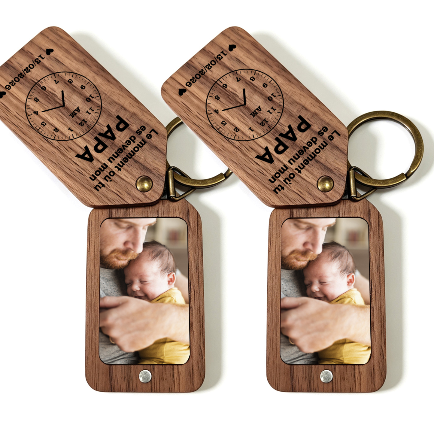 Porte-Clés en Bois Personnalisé avec Photo et Date pour Papa/Papi