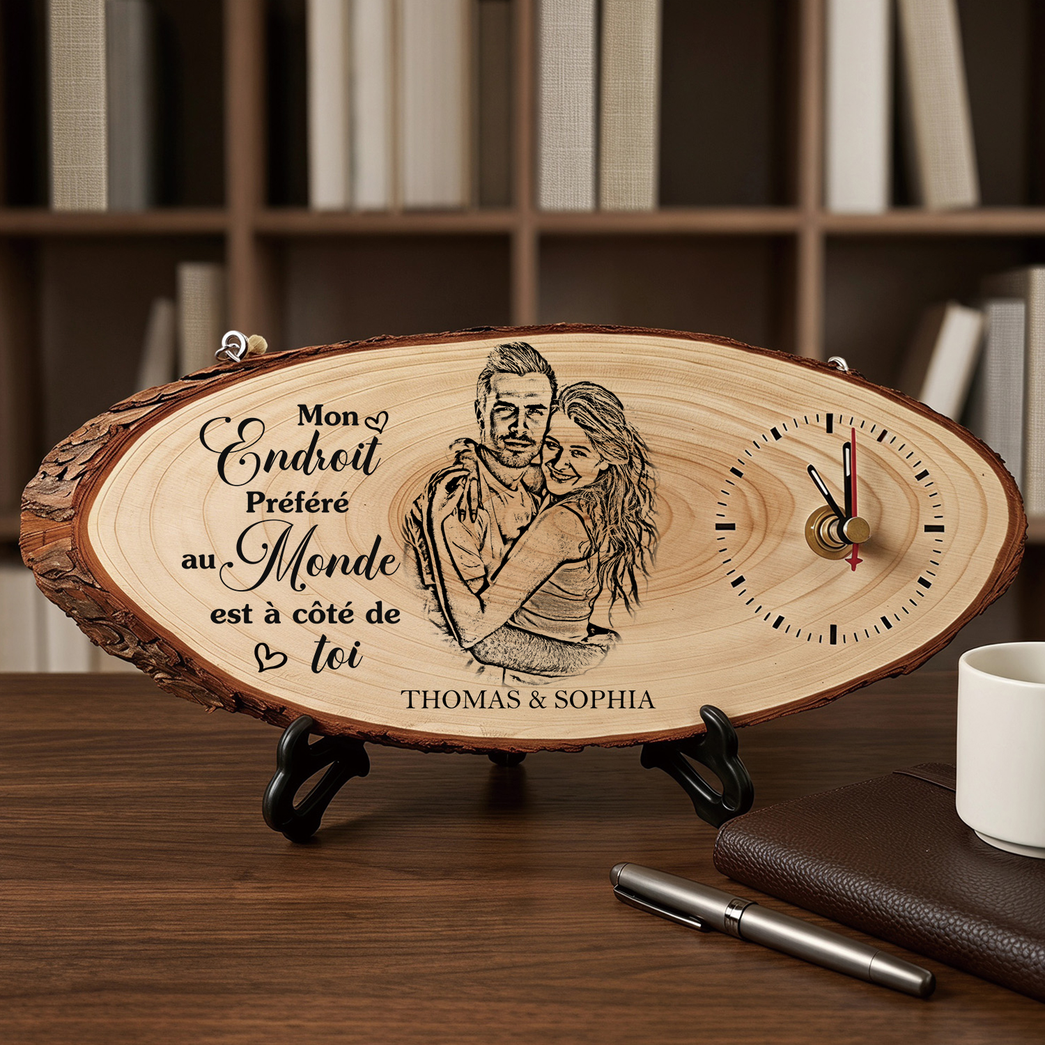 Horloge Murale en Bois Personnalisée avec Photo de Couple, 2 Prénoms et Photo Personnalisée