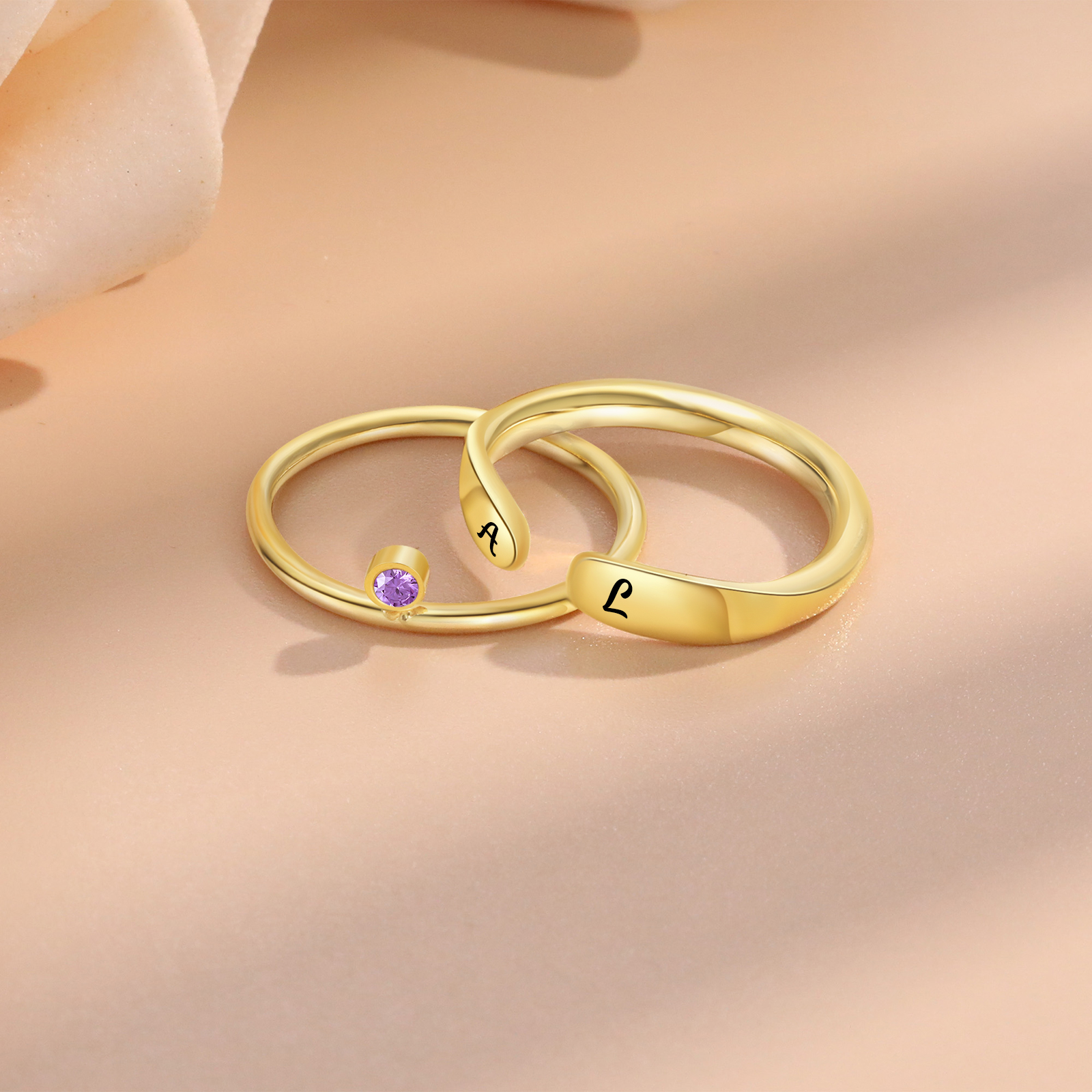 Bagues empilables personnalisées, initiales gravées et pierre de naissance