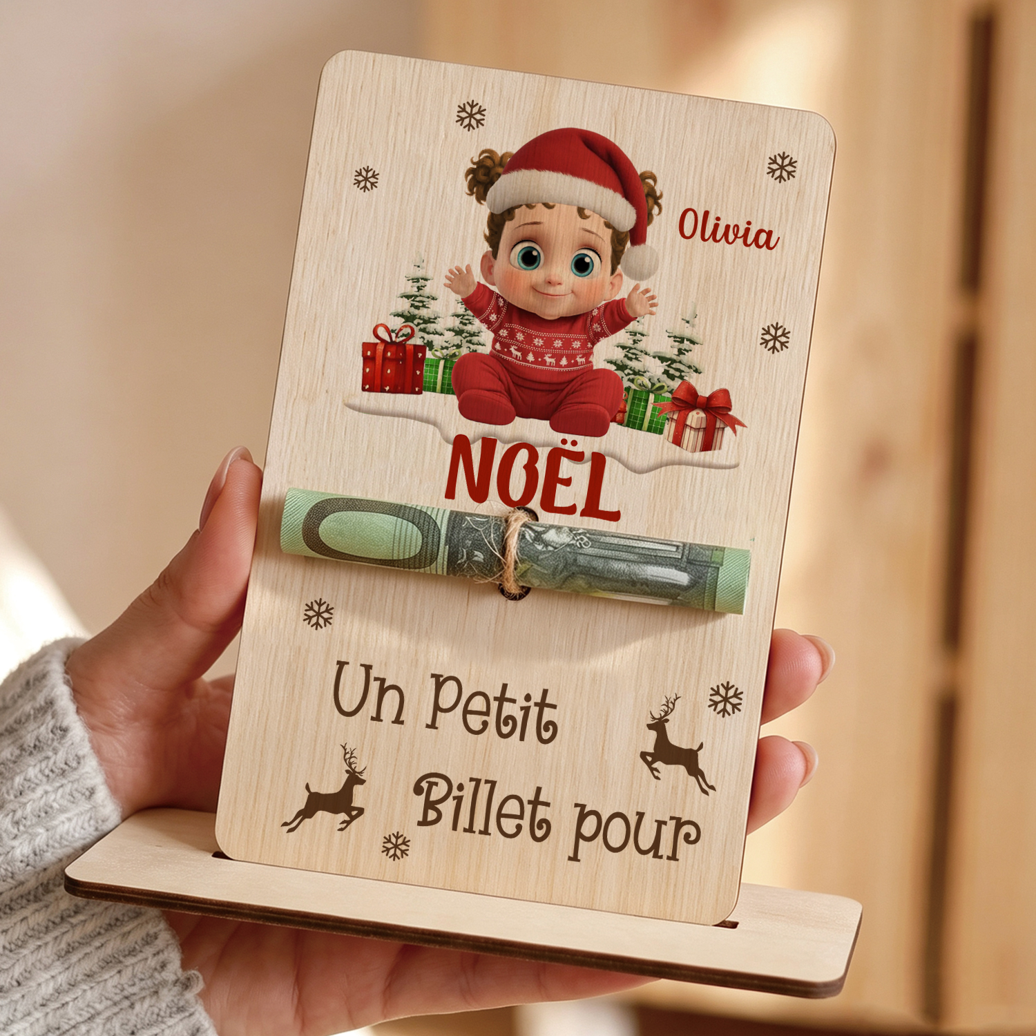 Porte-Billet en Bois Personnalisé avec Prénom pour offrir de l’argent à Noël aux enfants