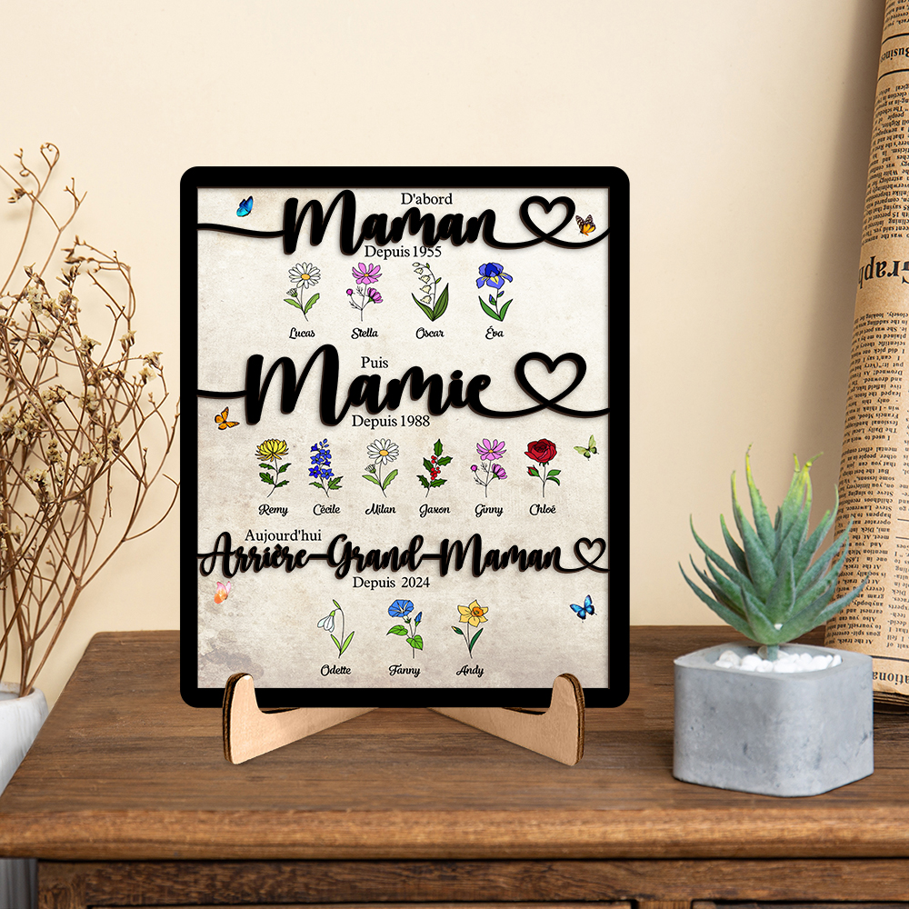 Cadre Familial Personnalisé en Bois « D'abord Maman Puis Mamie Aujourd'hui Arrière-Grand-Maman » avec motif floral