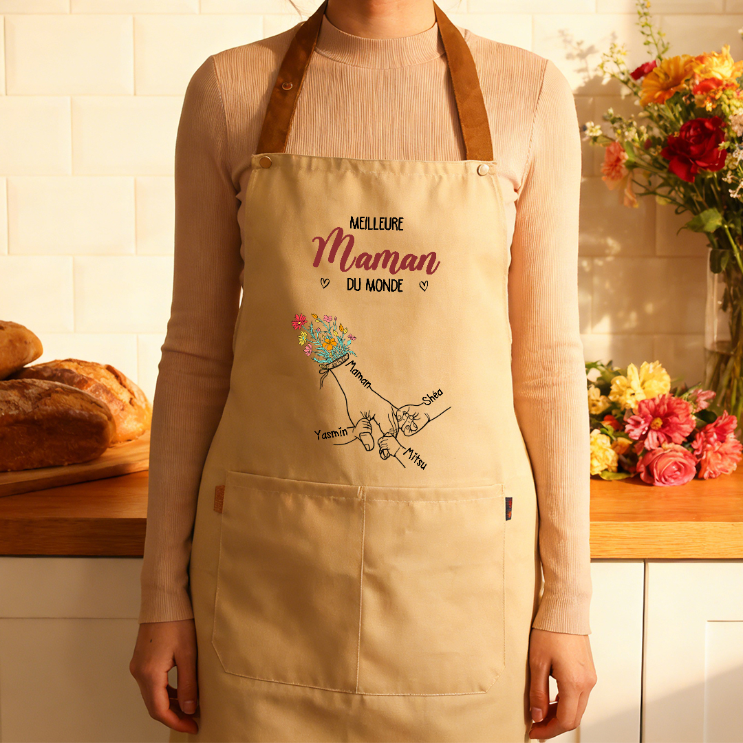 Tablier de Cuisine Personnalisé avec motif de mains et 2 à 7 Prénoms, cadeau pour Maman ou Mamie